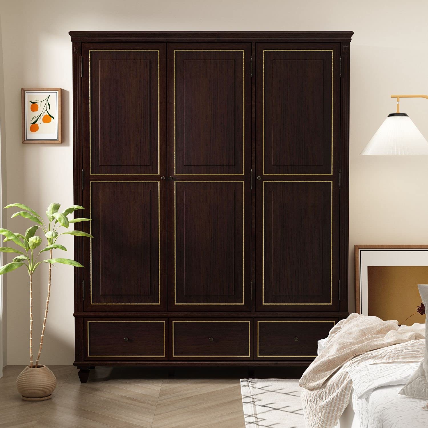 FAMAPY Large Armoires and Wardrobes 3-Door Bedroom Armoire, Wardrobe Closet with 3 Drawers & Shelves, Clothing Rod, Wooden Legs, for Bedroom Brown and Gold (63”W x 18.9”D x 78.7”H)