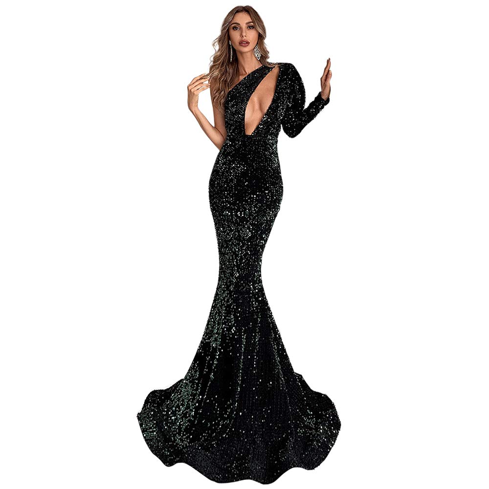 Women's One Shoulder Off Cutout Formal Sequin Prom Dress Floor-Length Mermaid Maxi Party Gown