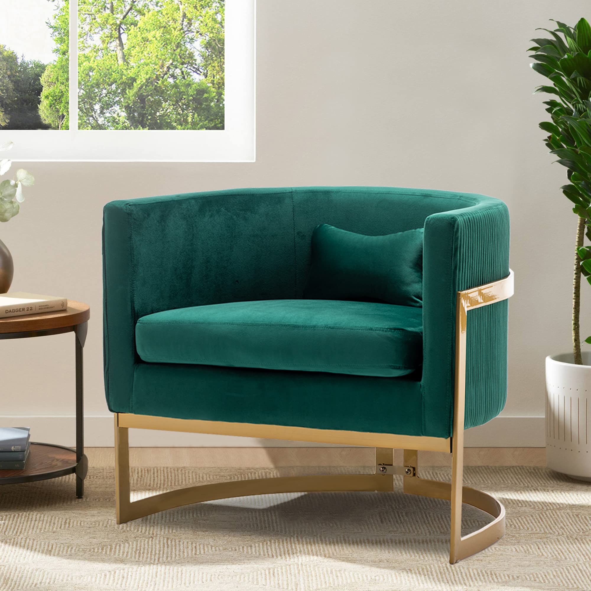 Alunaune Modern Velvet Barrel Accent Chair for Living Room, Upholstered Mid Century Arm Lounge Chair Tub Bucket Club Chair Single Sofa for Bedroom-Green