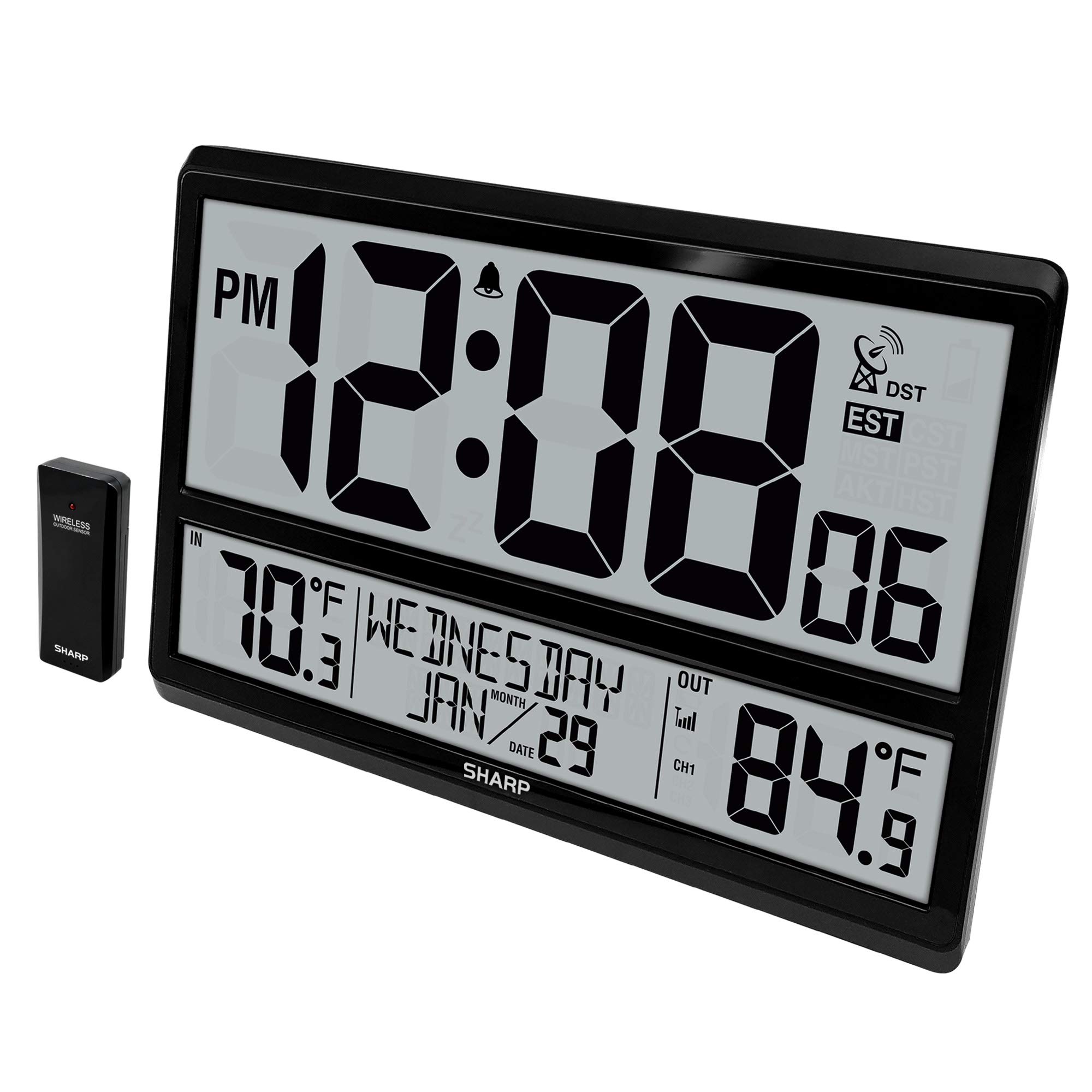 SHARP Atomic Clock - Never Needs Setting! –Easy to Read Numbers - Indoor/ Outdoor Temperature, Wireless Outdoor Sensor - Battery Powered - Easy Set-Up!! (4" Numbers)