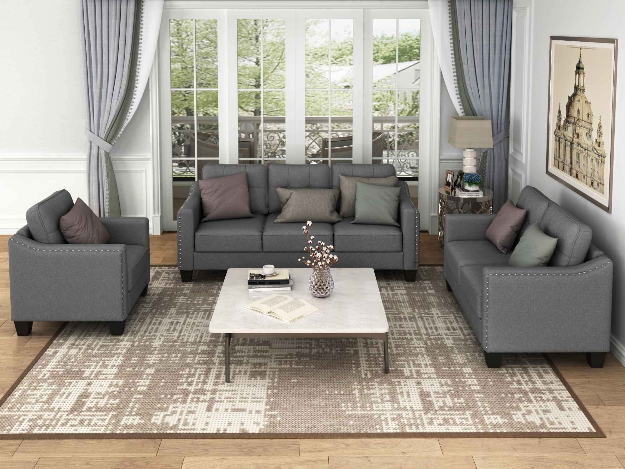 ATY 3 Piece Living Room Sofa Set, Button Tufted Sectional Couch for Home Furniture, One 3-Seat Chair & Loveseat and Armchair, Can Capacity 6 People, Save Space, Gray