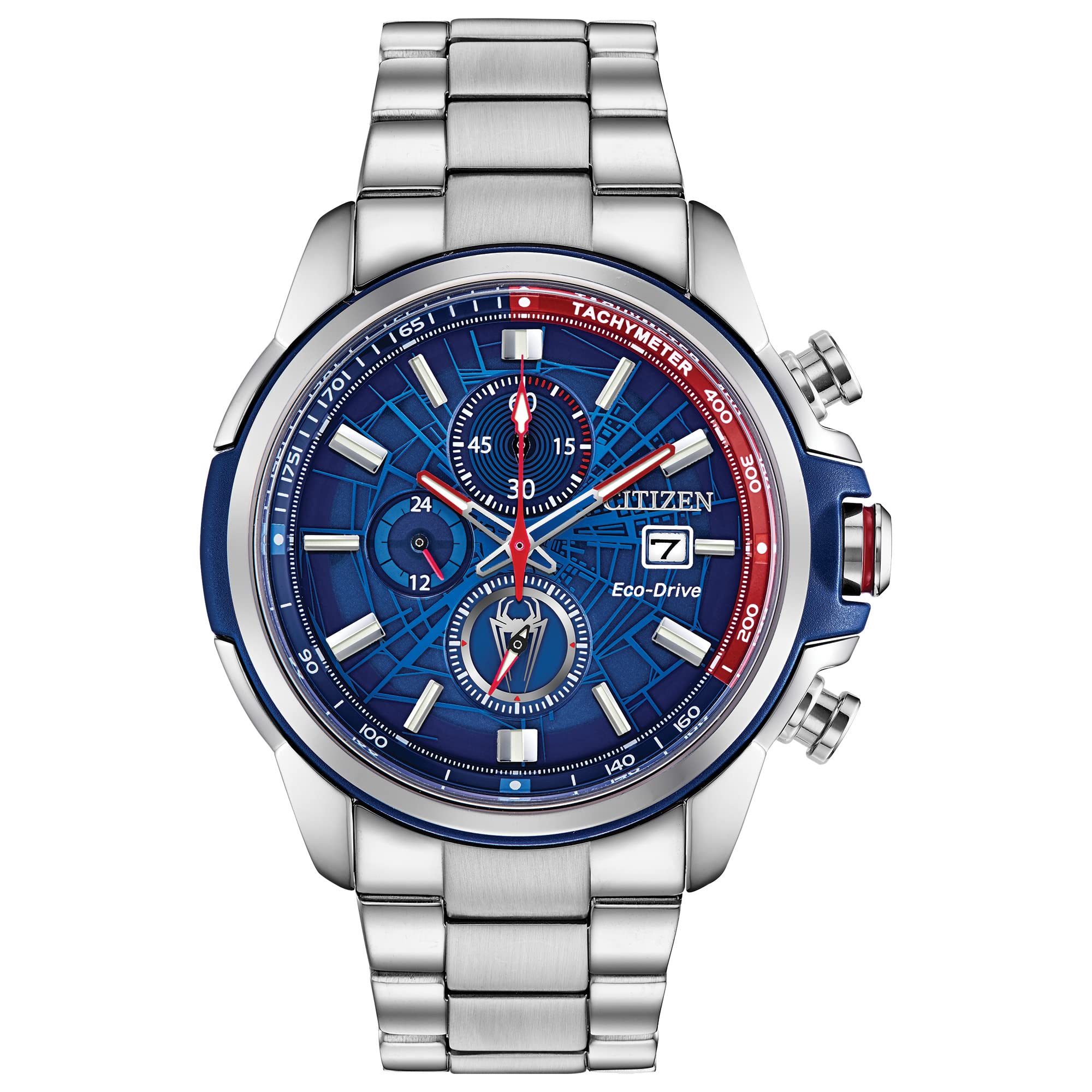 Men's Eco-Drive Marvel Spider Man Watch in Stainless Steel, Spider Man Art Blue and Red Dial (Model: CA0429-53W)