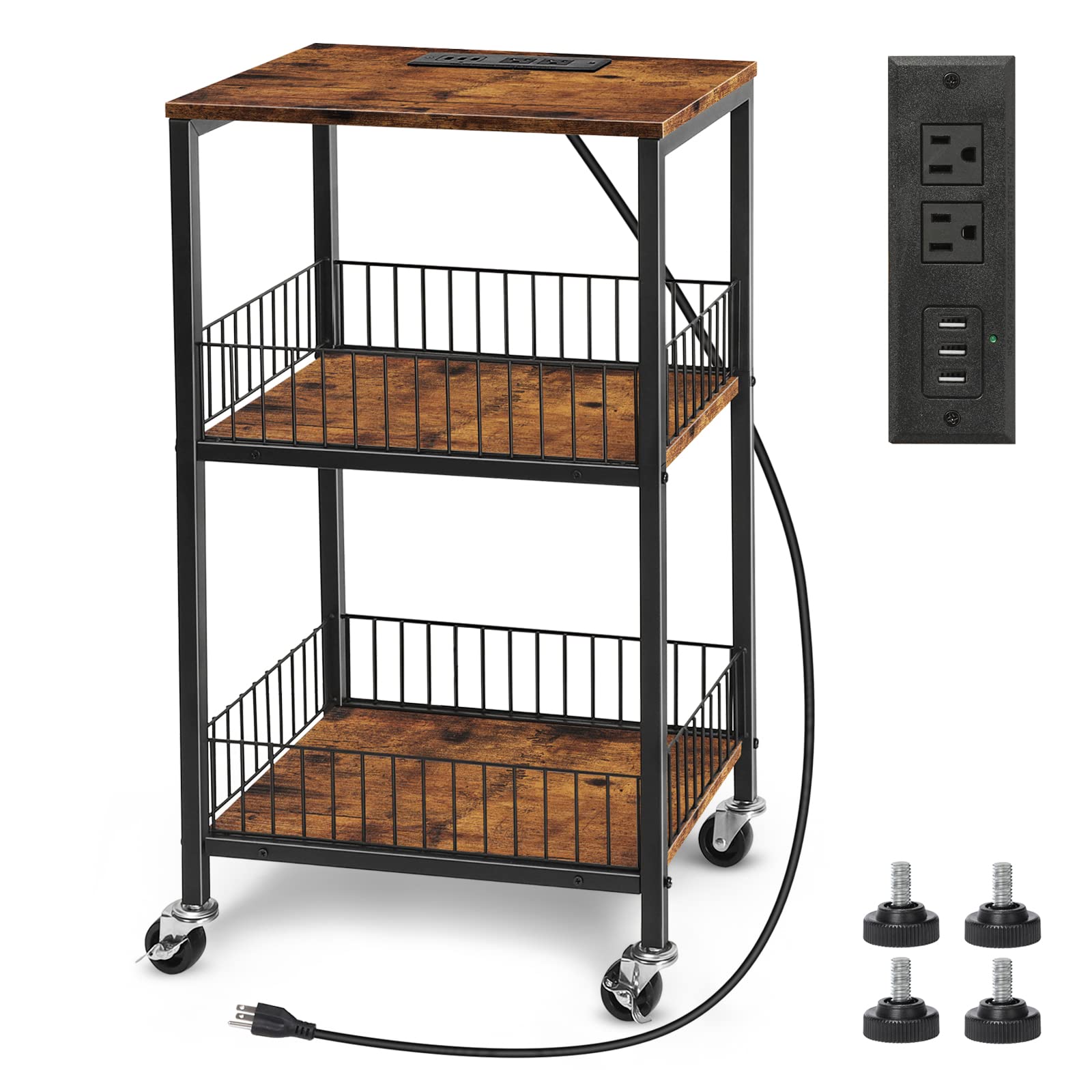 MOOACE Side Table with Charging Station,3 Tier End Table with Storage Shelf Study Bedside Table and Small Nightstand for Living Room,Bedroom,Small Spaces - Rustic Brown