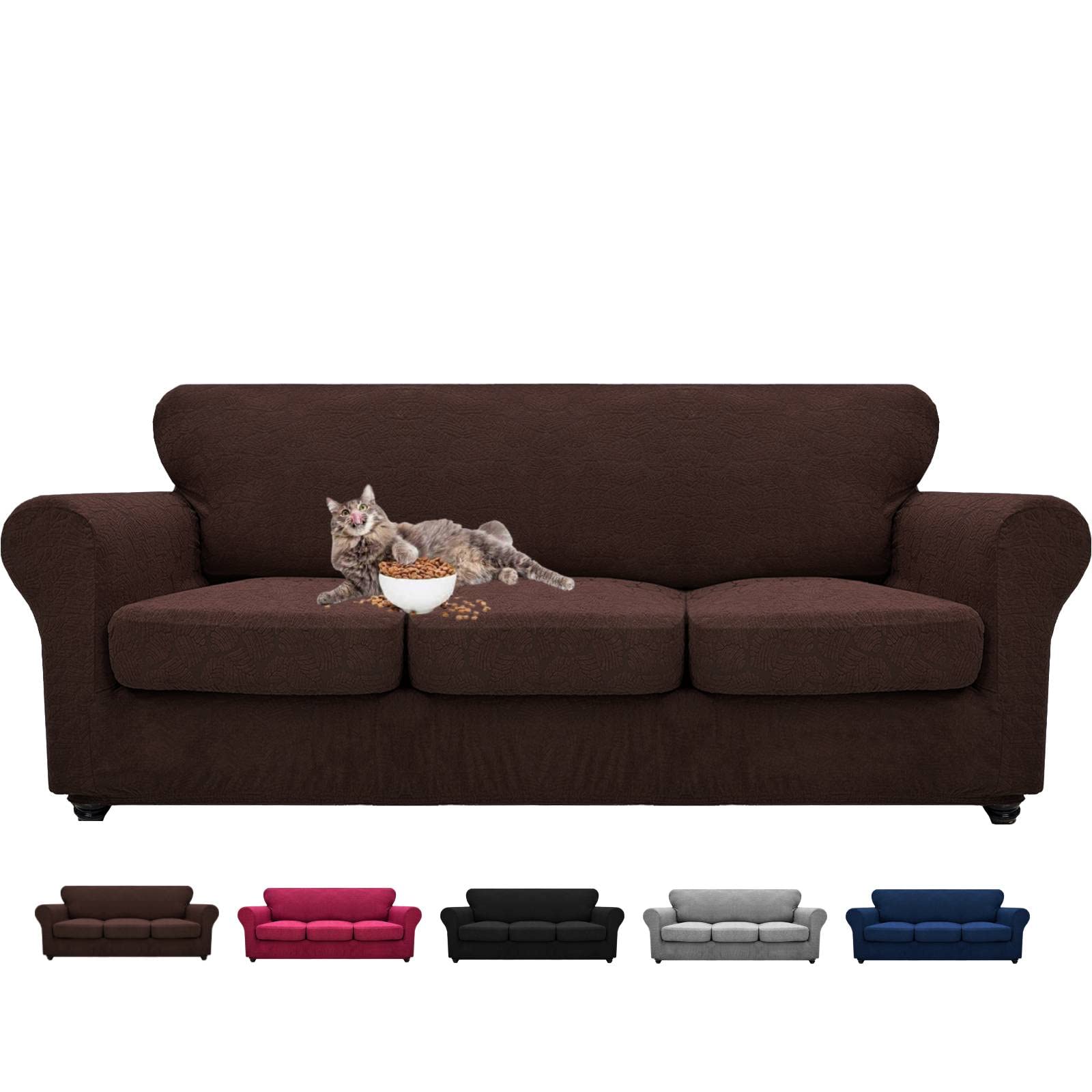 MAXIJIN 4 Pieces Stretch Couch Covers for 3 Cushion Couch Non Slip Couch Cover for Dogs Latest Leaf Pattern Sofa Slip Covers for Living Room Washable Furniture Protector (Sofa, Dark Coffee)