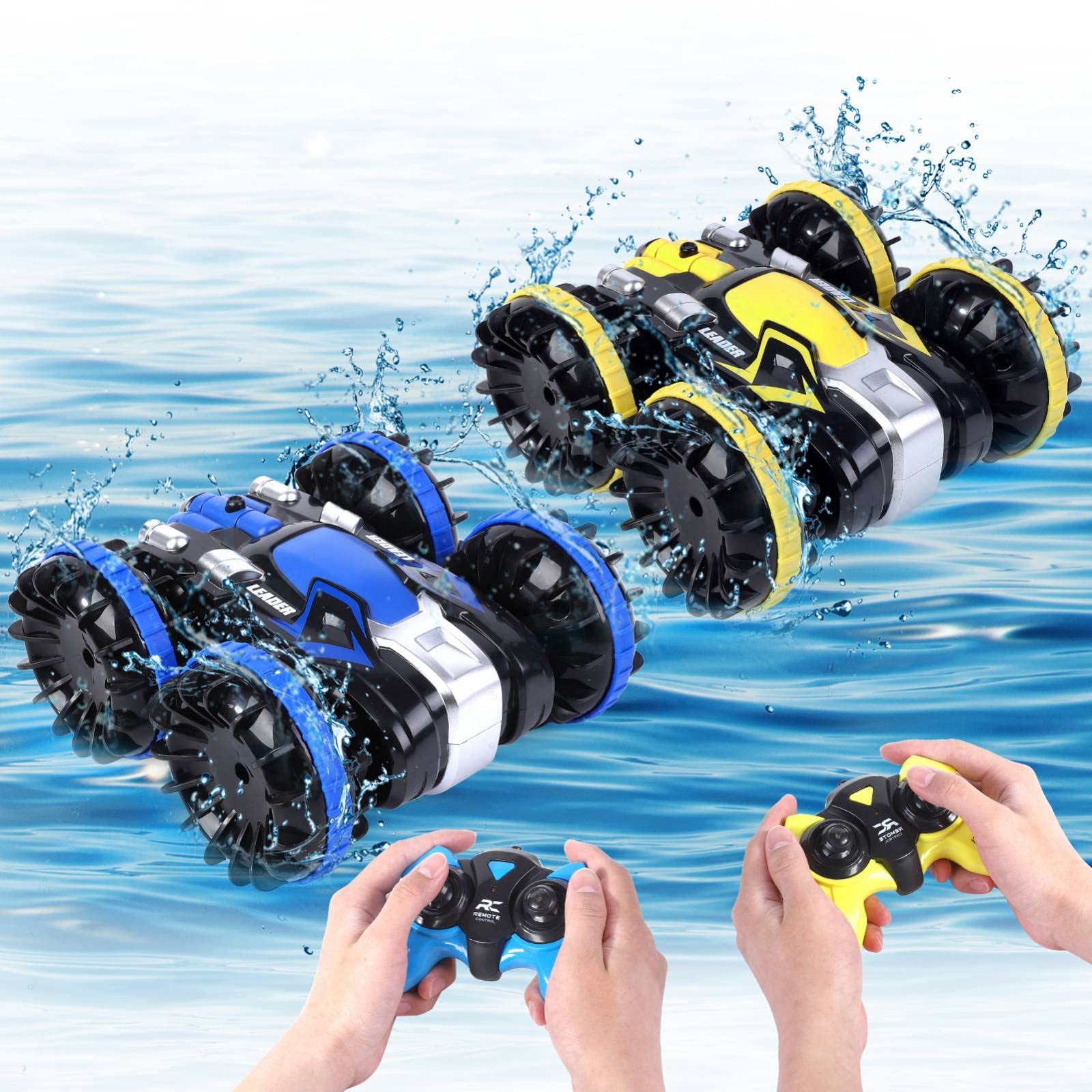 2PACK Amphibious RC Car for Kids,2.4 GHz Remote Control Boat Waterproof RC Monster Truck Stunt Car 4WD Remote Control Vehicle for 6-12 Years Old Boys Girls, All Terrain Water Beach Pool Toy.