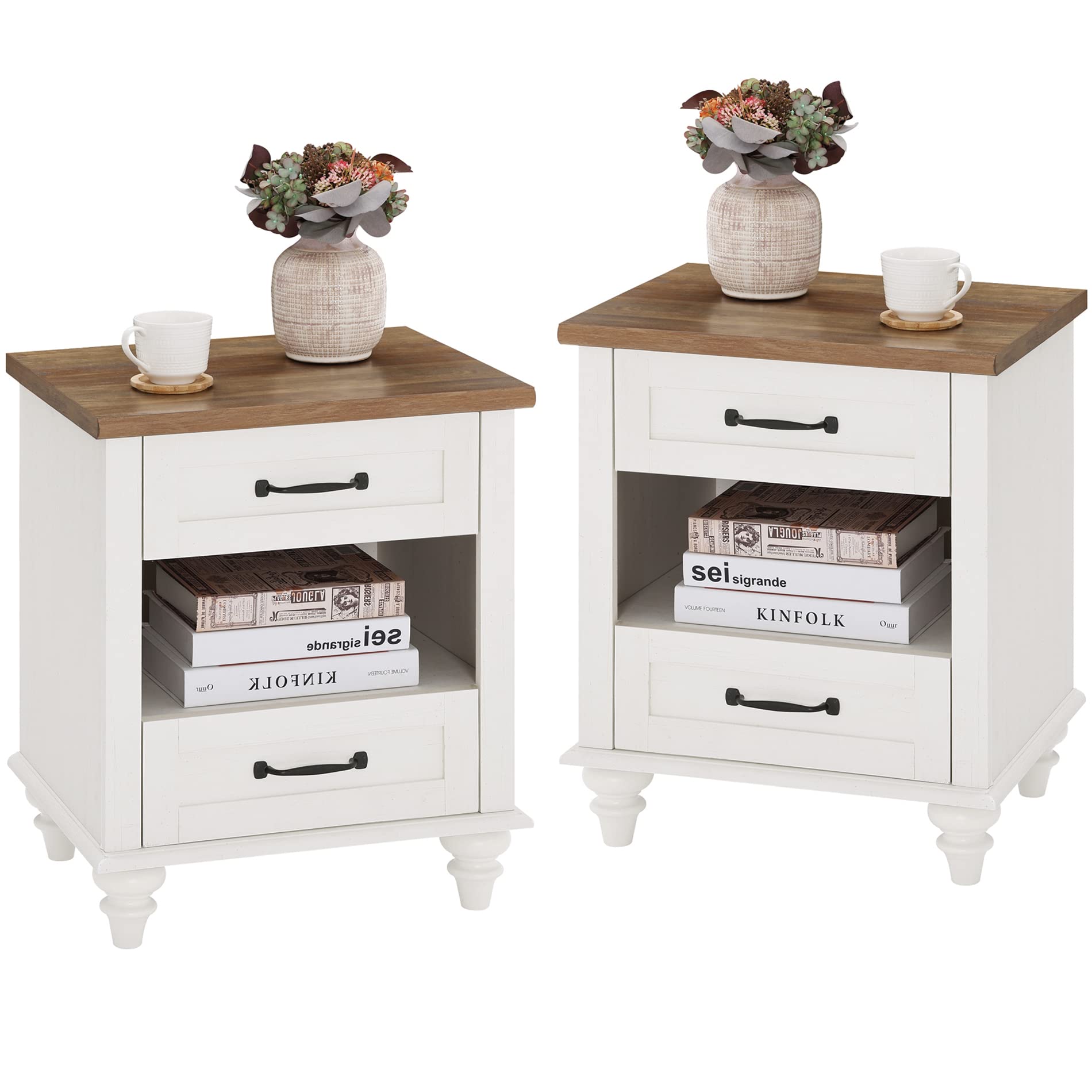 Set of 2 White Nightstands with 2 Drawers Storage Shelf, Modern End Tables Living Room Set of 2, Farmhouse Night Stands Wood Bedside Table for Bedroom
