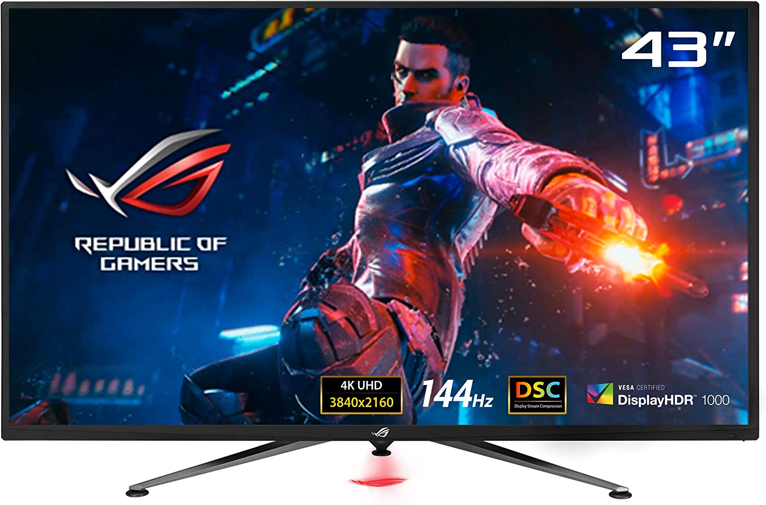         ASUS ROG Swift PG43UQ 43” 4K HDR DSC Gaming Monitor, (3840 x 2160), 144Hz, G-SYNC Compatible, 1ms, Eye Care, DisplayHDR 1000, DisplayPort HDMI USB, Aura Sync       