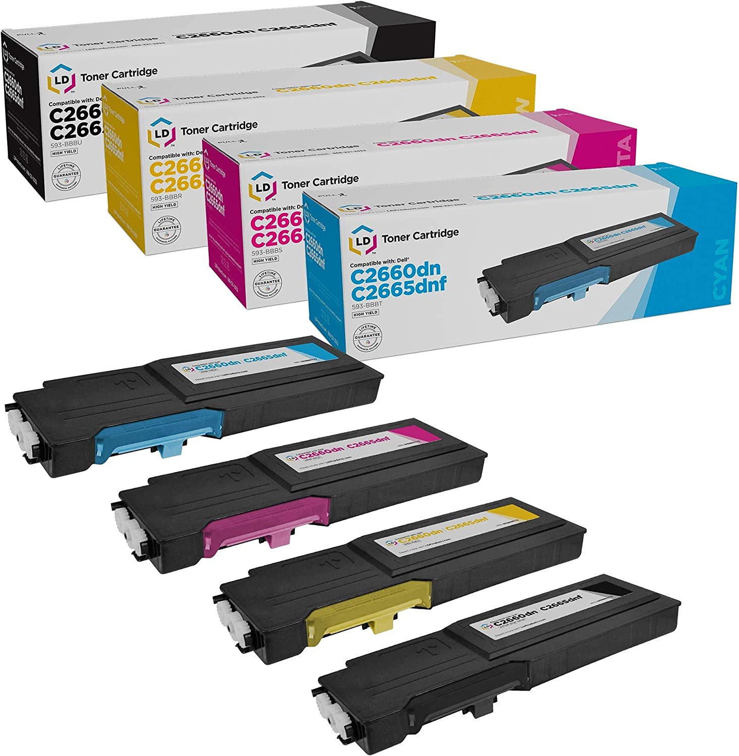         LD Products Compatible 593 Replacements for Dell C2660dn &amp; C2665dnf High Yield Printer Toner Cartridges (1 Black 593-BBBU, 1 Cyan 593-BBBT, 1 Magenta 593-BBBS, 1 Yellow, 593-BBBR, 4-Pack) 
