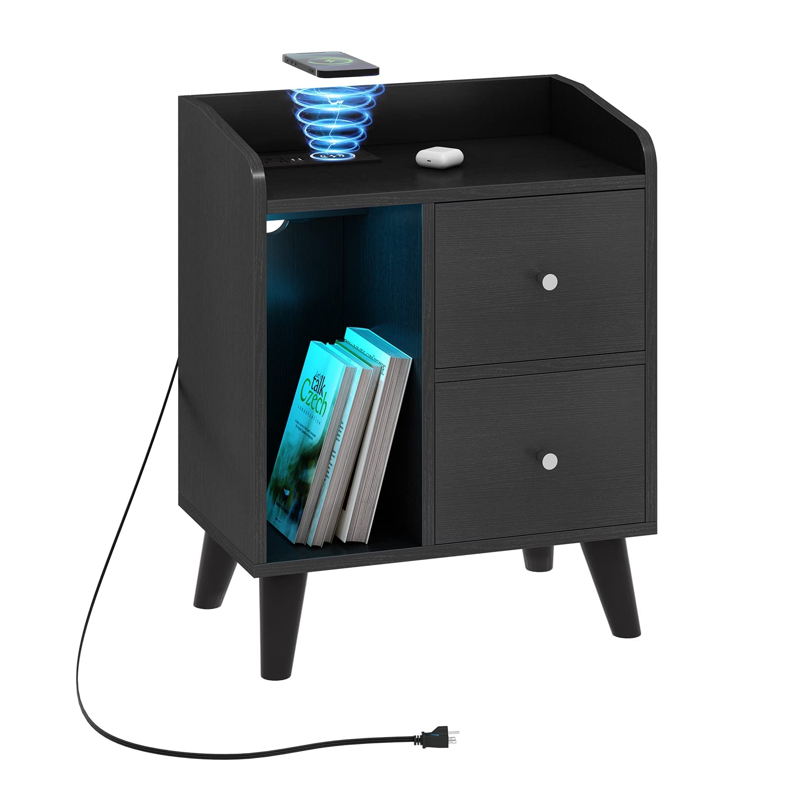 Saudism LED Nightstand with Wireless Charging Station, RGB Lights Night Stands for Bedroom, Smart Charging Bedside Table End Table with Two Drawers and Open Shelves (Black)