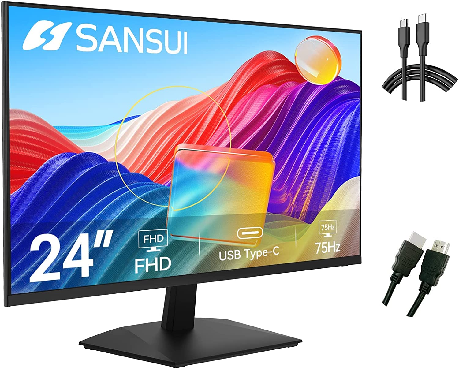         SANSUI Monitor 24 inch FHD PC Monitor with USB Type-C, Built-in Speakers Earphone, Ultra-Slim Ergonomic Tilt Eye Care 75Hz with HDMI VGA for Home Office (ES-24F1 Type-C Cable &amp; HDMI Cable 