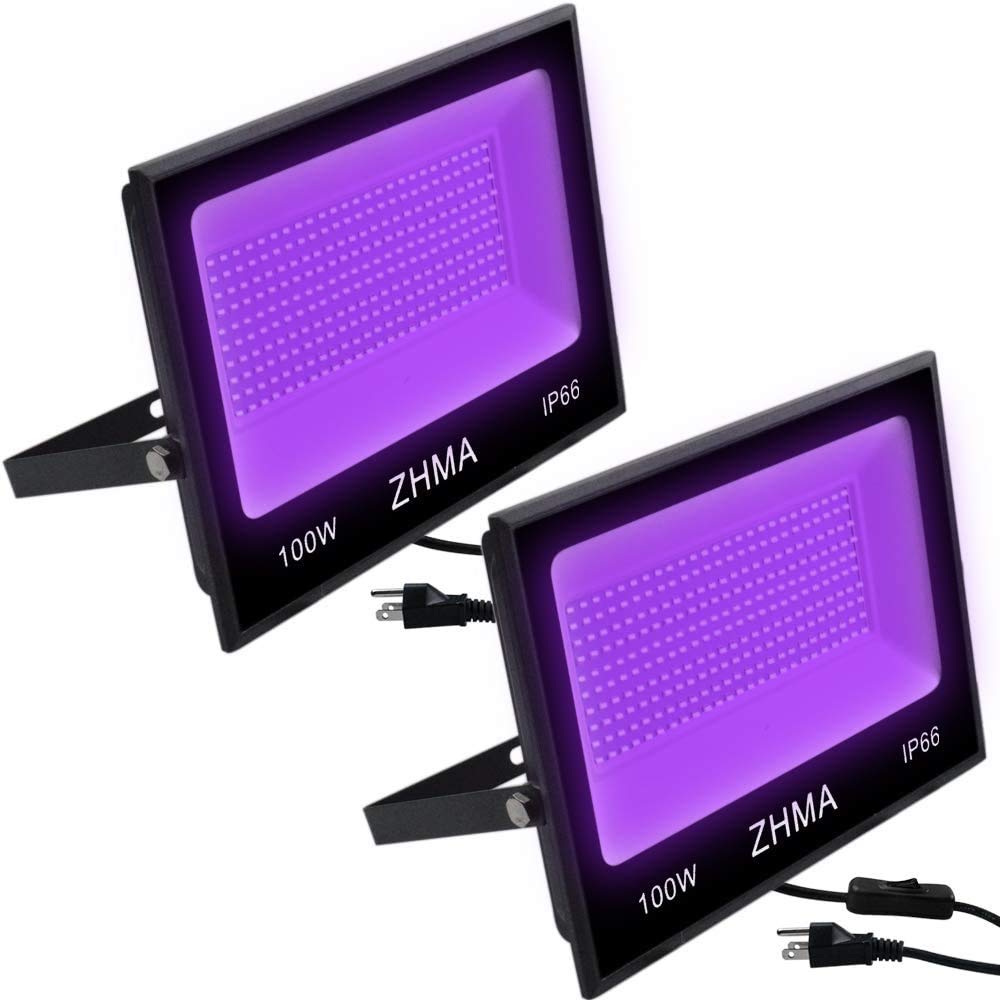 ZHMA 100W LED Black Light,IP66 Waterproof,for Indoor and Outdoor Blacklight Party,Stage Lighting,Aquarium,Neon Glow,Fluorescent Effect, Glow in The Dark Curing.（2 Pack）