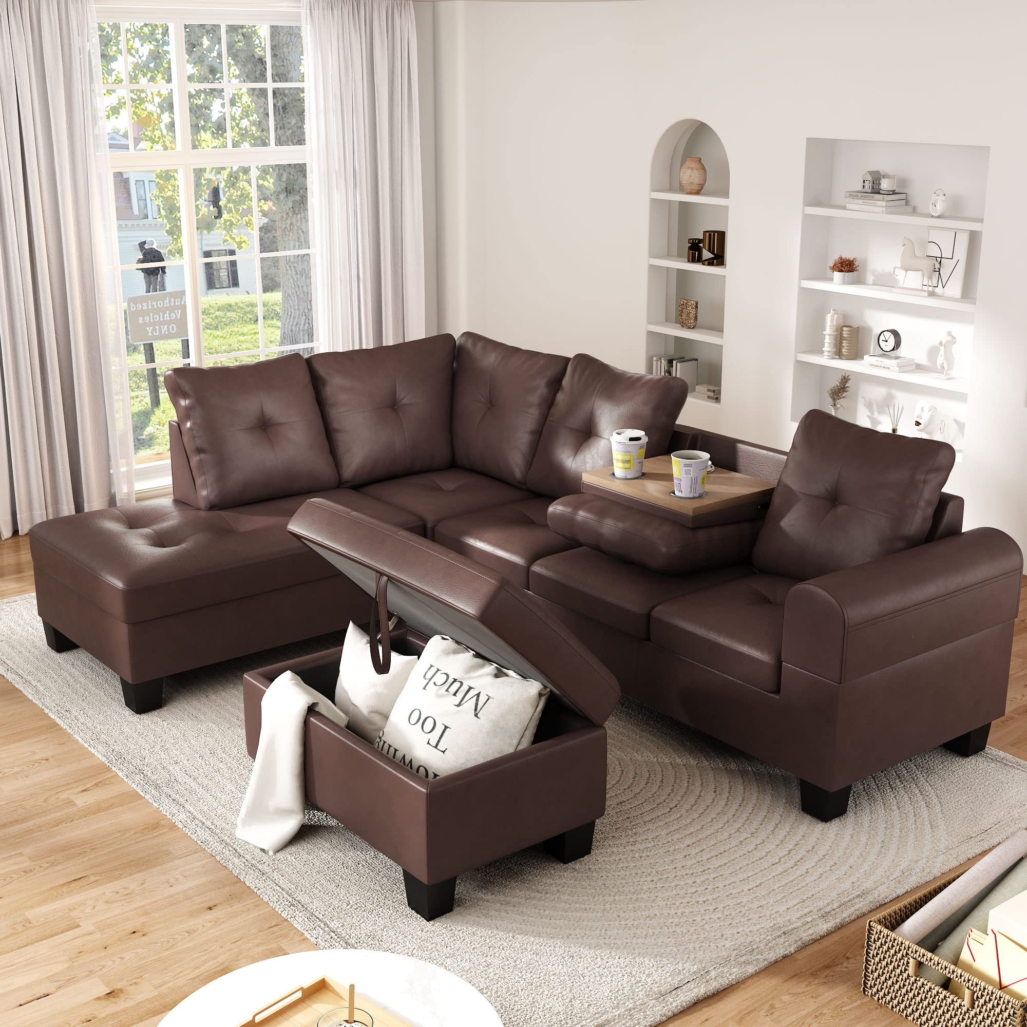 DKLGG Living Room Sectional Couch with Storage Ottoman, Modern PU Leather L-Shaped Sofa Couch Set, Brown Modular Sofa Sectional w/Cup Holder, Living Room Furniture Set for Apartment, Small Space