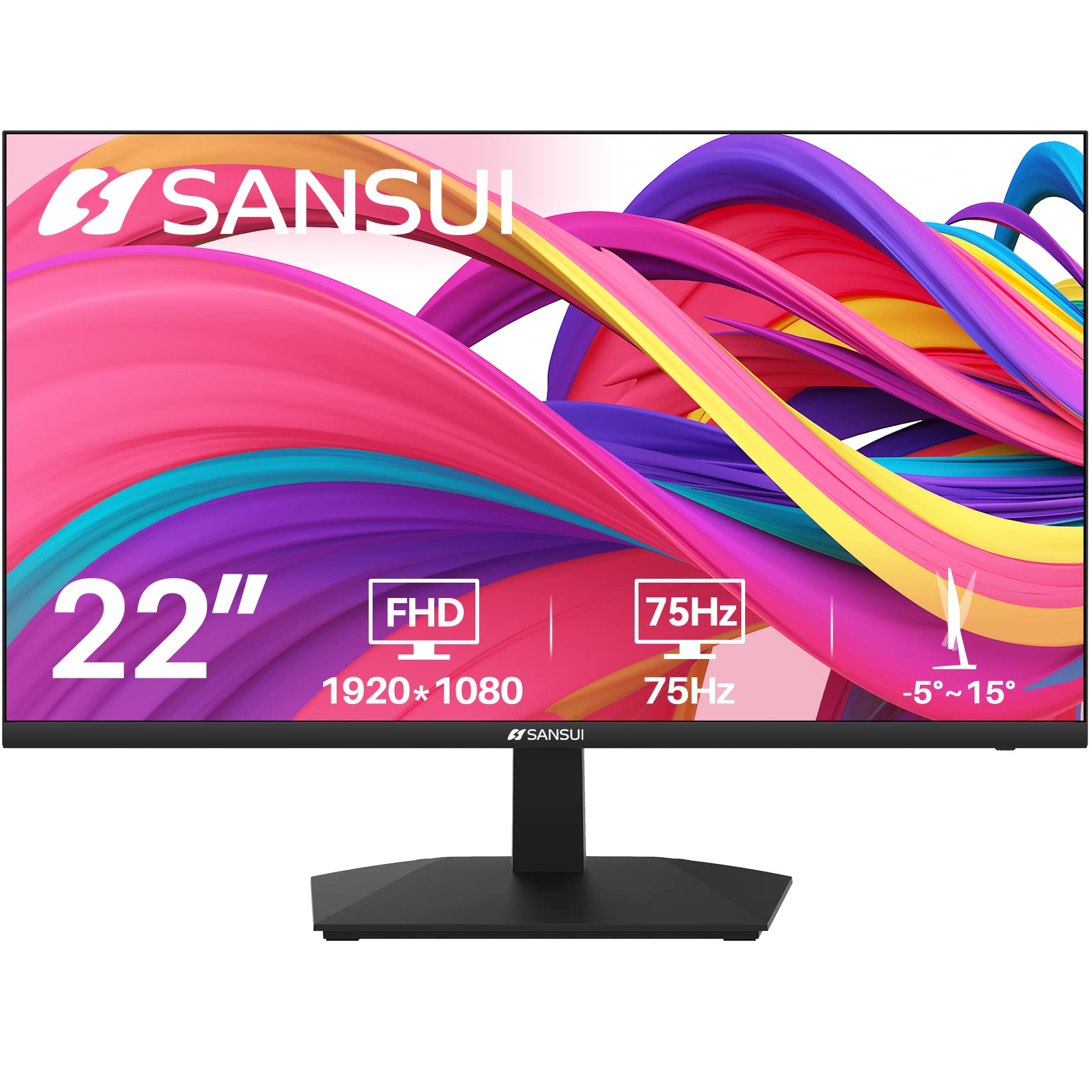 SANSUI Monitor 22 inch 1080p FHD 75Hz Computer Monitor with HDMI VGA, Ultra-Slim Bezel Ergonomic Tilt Eye Care LED Display for Home Office (ES-22F1 HDMI Cable Included)