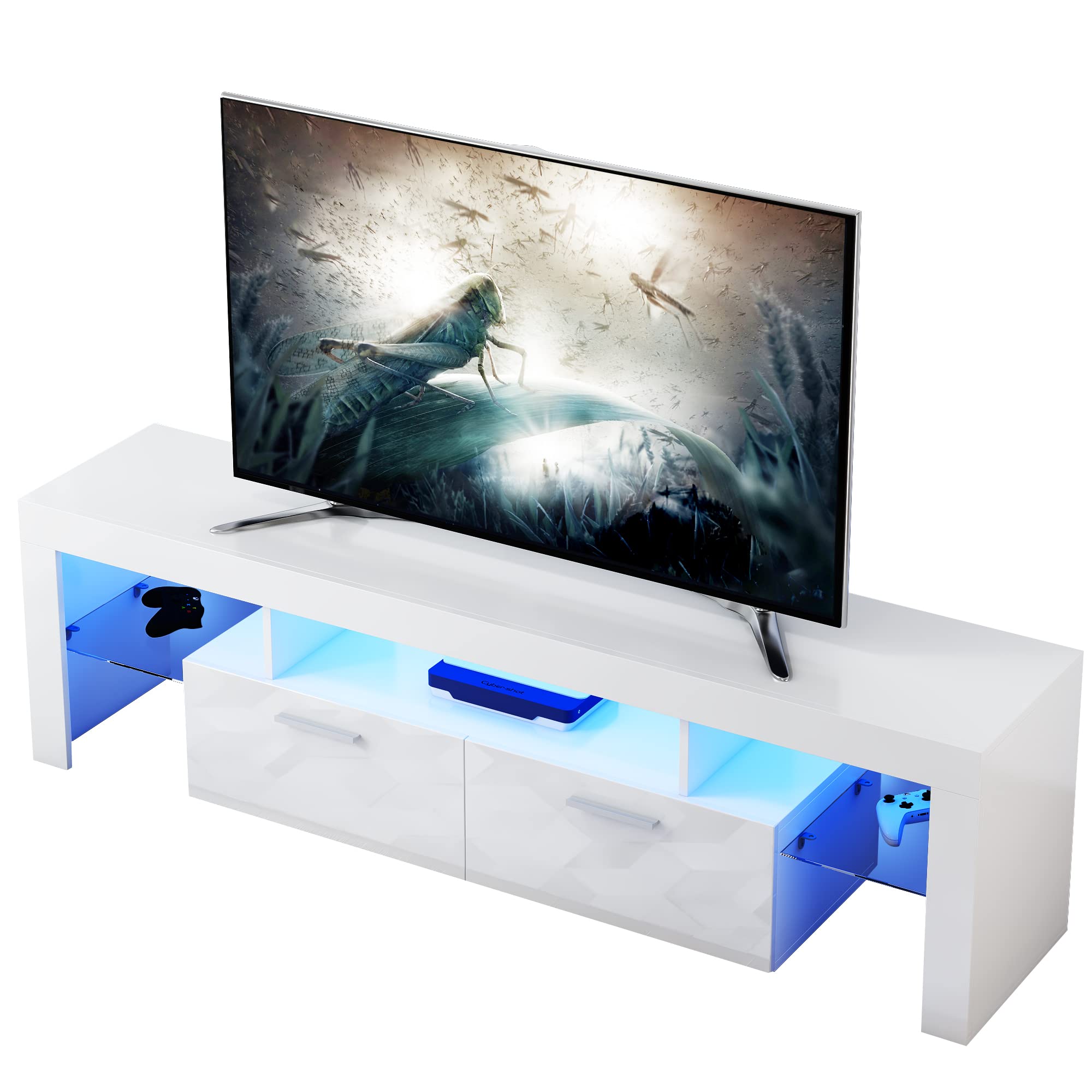 SANYOAC White TV Stand for 55/60/65/70/75+ Inch TV Stand, Modern Entertainment Center for Video Gaming, LED TV Stand with Storage and Shelves for Living Room Bedroom