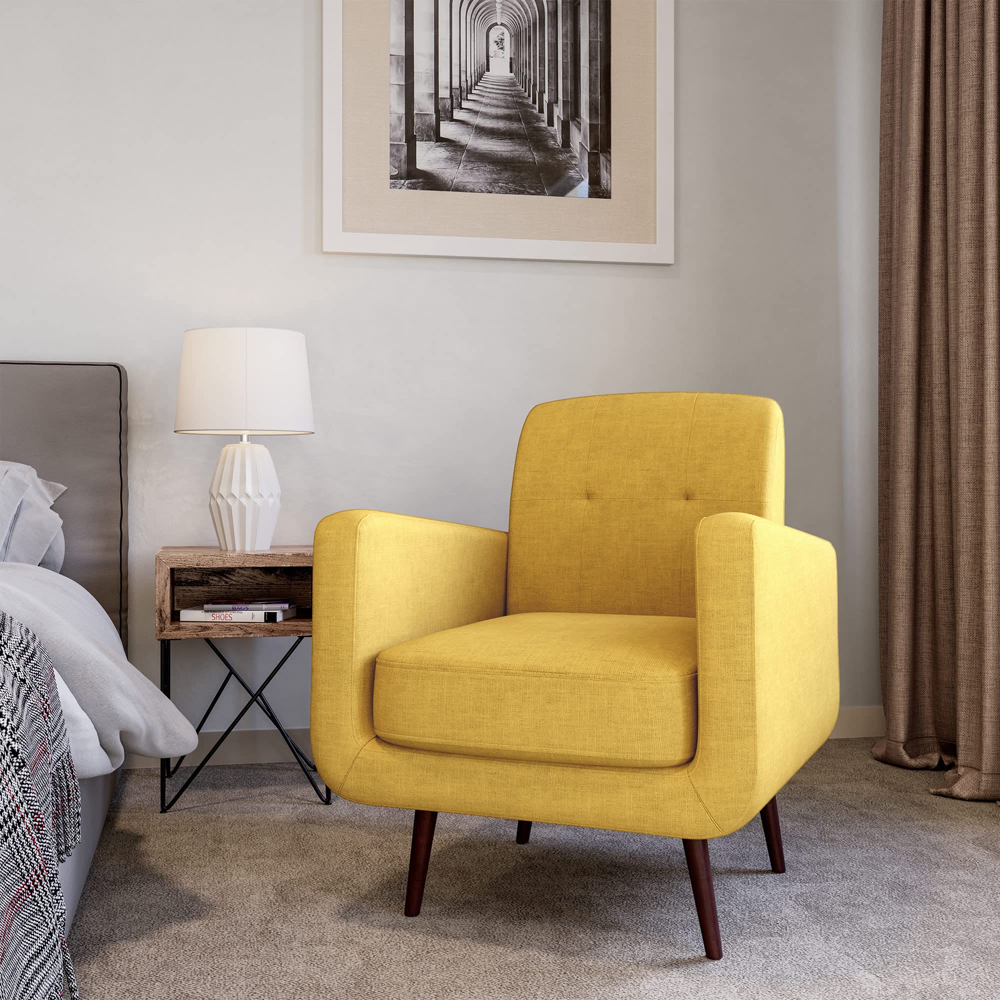 BELLEZE Mid Century Modern Accent Chair, Contemporary Vintage Upholstered Linen Armchair, Comfy Single Couch Sofa for Living Room Bedroom Office - Hasting (Yellow)