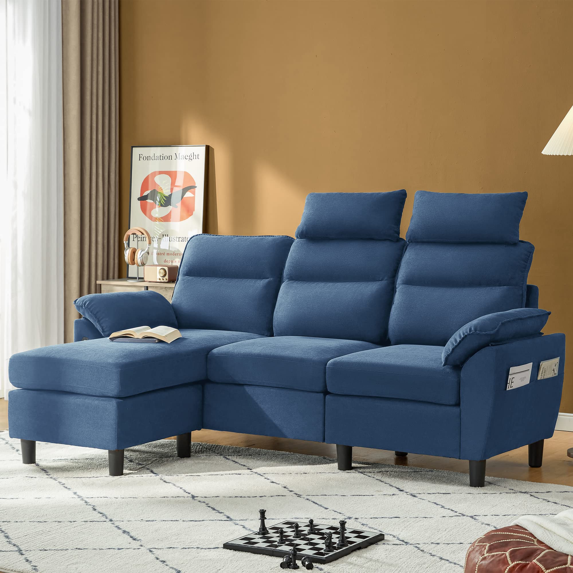 LINSY HOME Reversible Sectional Couch, L Shaped Sofa with 2 USB Ports and Storage, 3 Seat Small Sectional Sofa Set for Living Room, Apartment, Blue