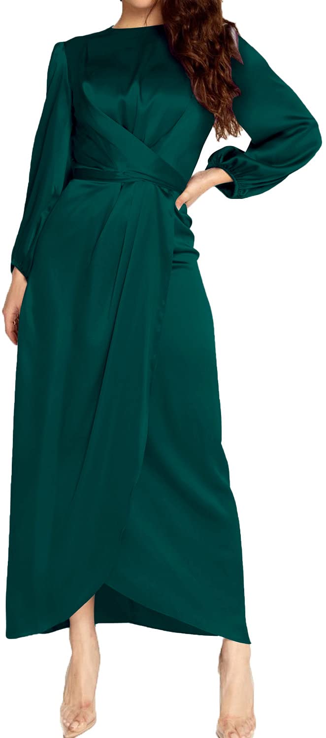 Women's Elegant Empire Waist Long Sleeve Satin Maxi Dress
