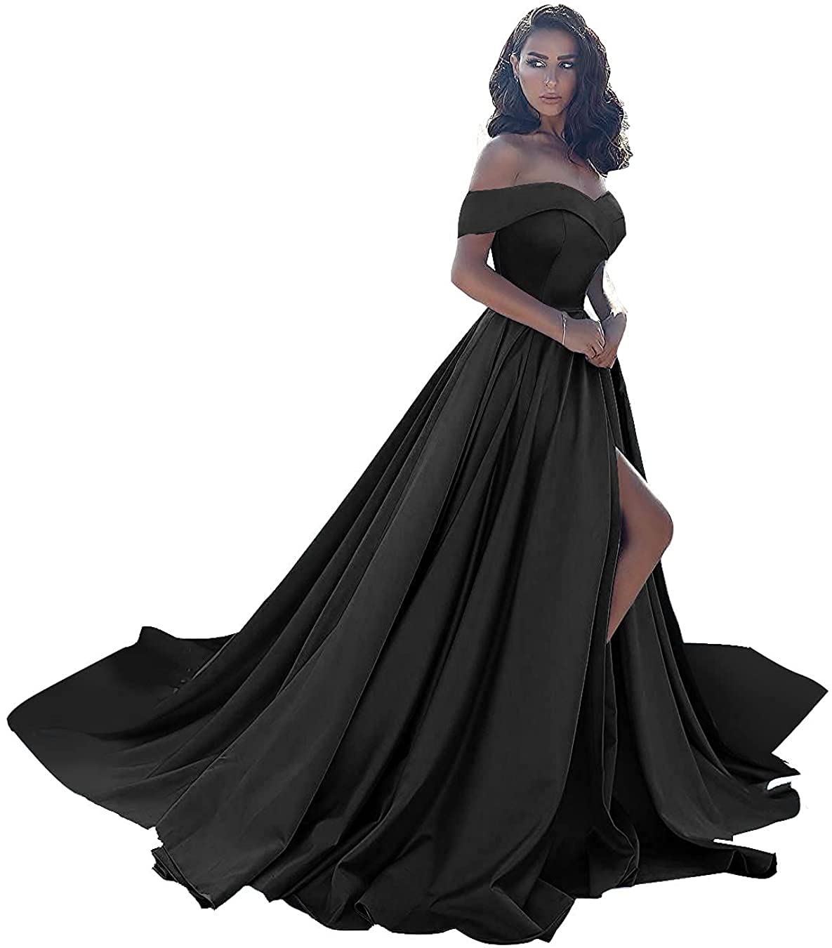 Women's Off The Shoulder Ball Gown Prom Dress with Slit Satin Long Formal Evening Dress