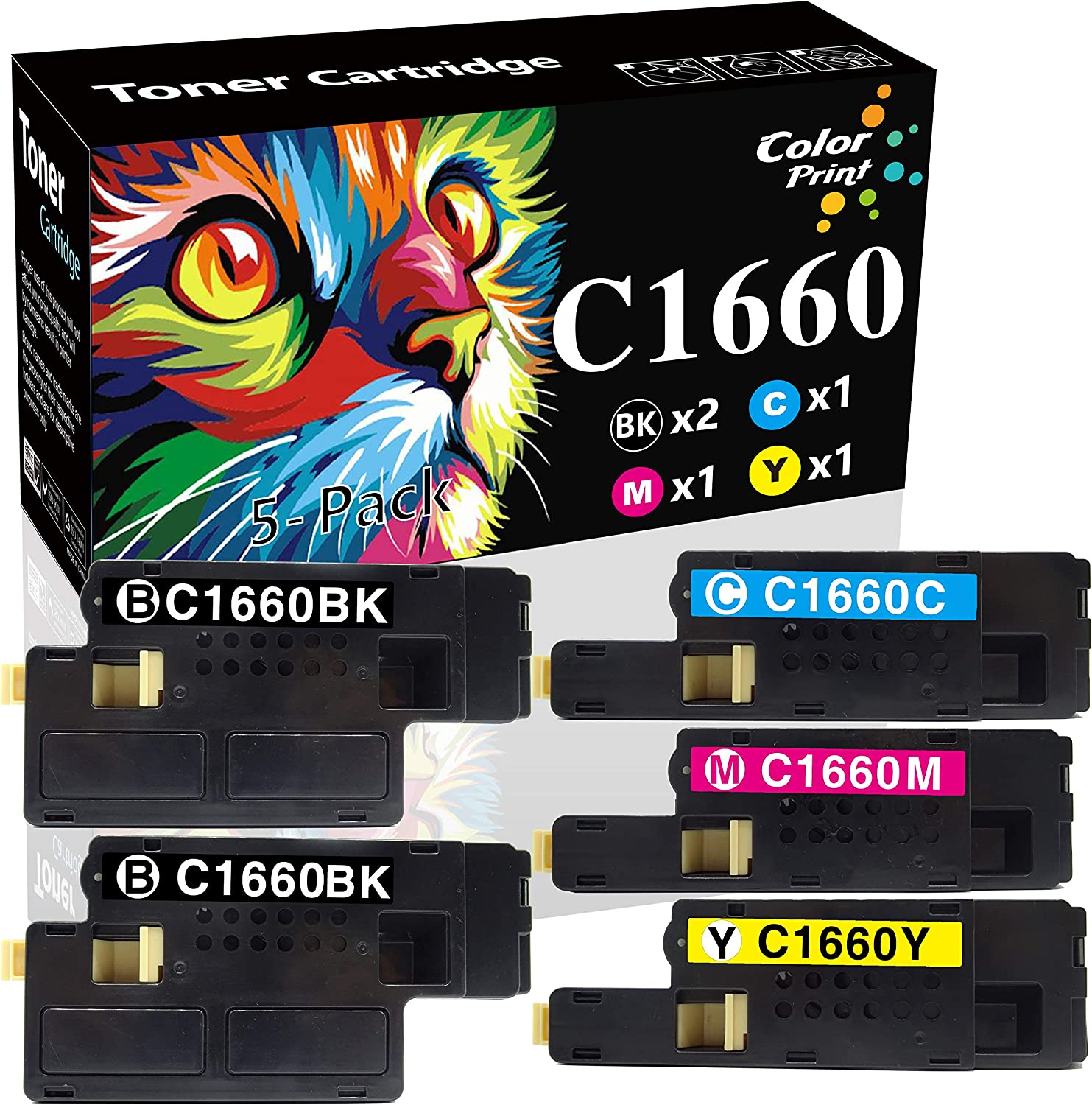         5-Pack (2BK, 1C, 1M, 1Y) ColorPrint Compatible 1660W Toner Cartridge Replacement for Dell C1660W 4G9HP Work with 1660 C1660cnw 1660w 1660CNW Printer       