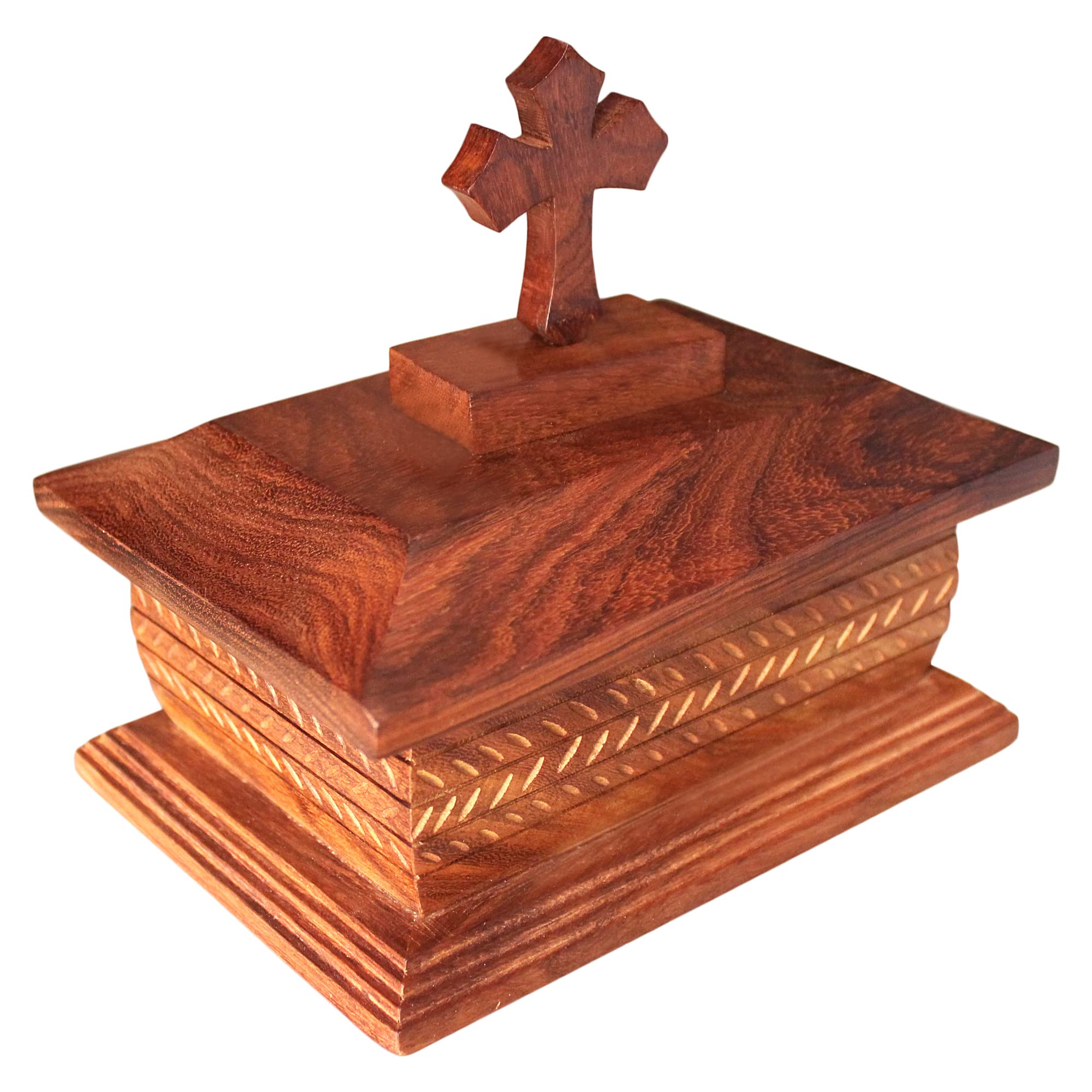 IBLAY Beautiful Wooden Urn Box for Human Ashes Adult - Decorative Funeral Urn Box Cutter Design with Cross on Top Small (Holds 35 Cu/in)