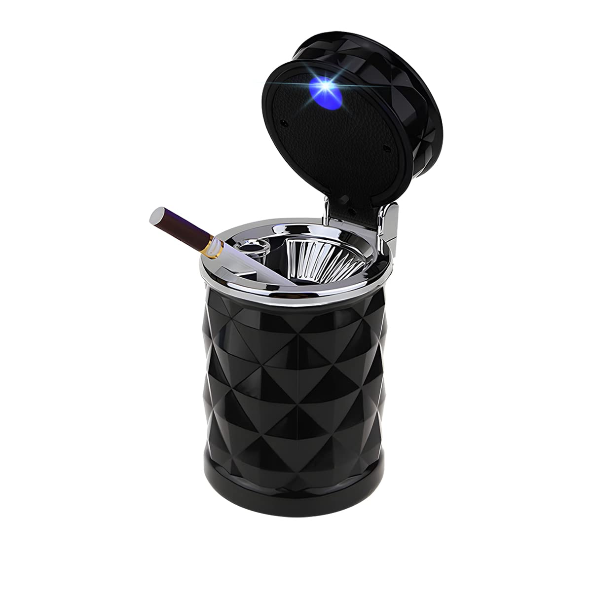 Car Ashtray with Lid, Portable Smokeless Ash Tray with LED Blue Light, Windproof Fireproof Cigarette Ashtrays for Cup Holder, Mini Car Trash Can for Home, Office, Outdoor (Black)