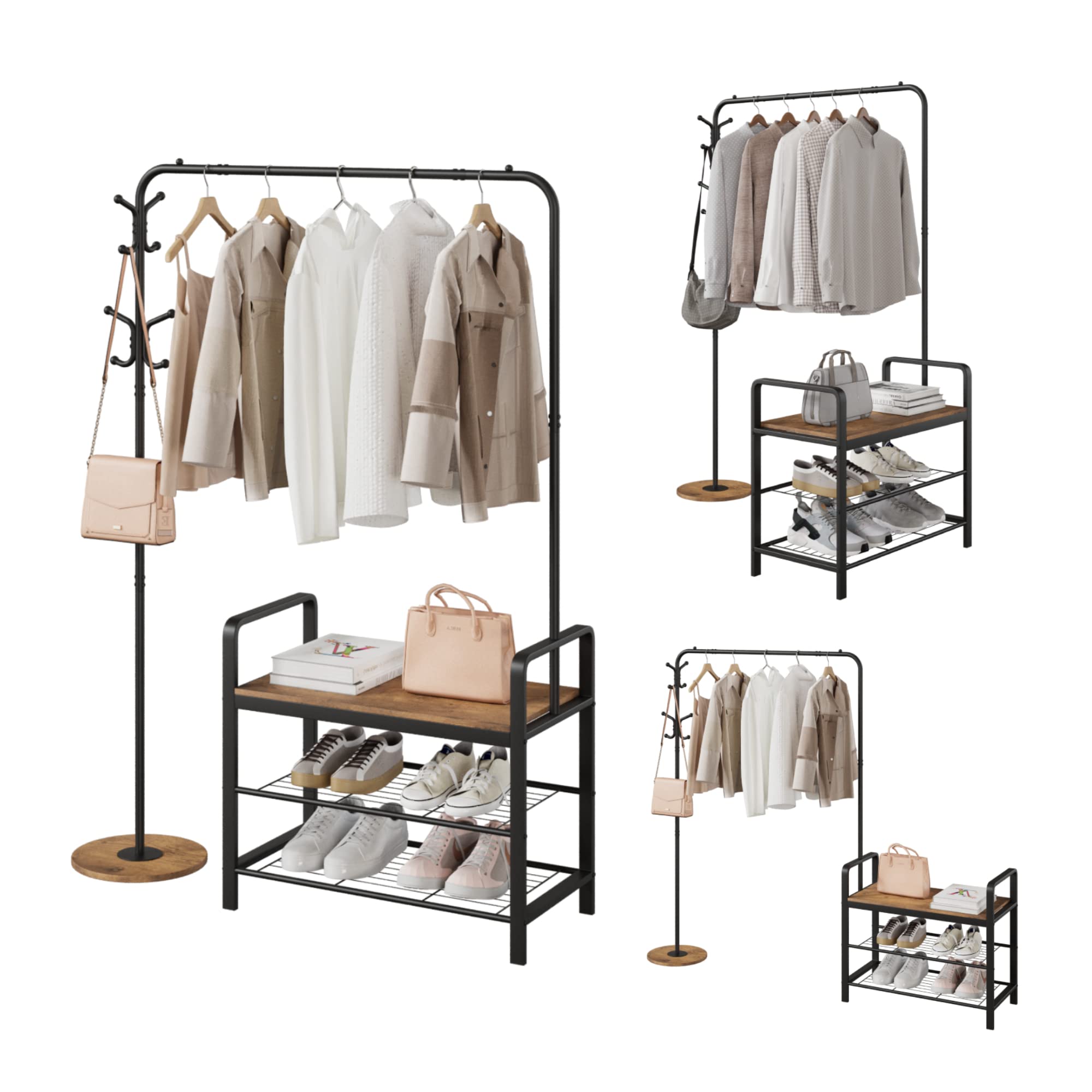 3-in-1 Design Coat Rack Shoe Bench, Clothing Racks for Hanging Clothes, Hall Tree Entryway Bench with Storage, Wood Look Accent Furniture with Metal Frame, Multifunctional Hallway Organizer