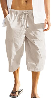Mens Baggy Harem Pants Drawstring Cotton Linen Wide Leg Capri Yoga Beach Pants