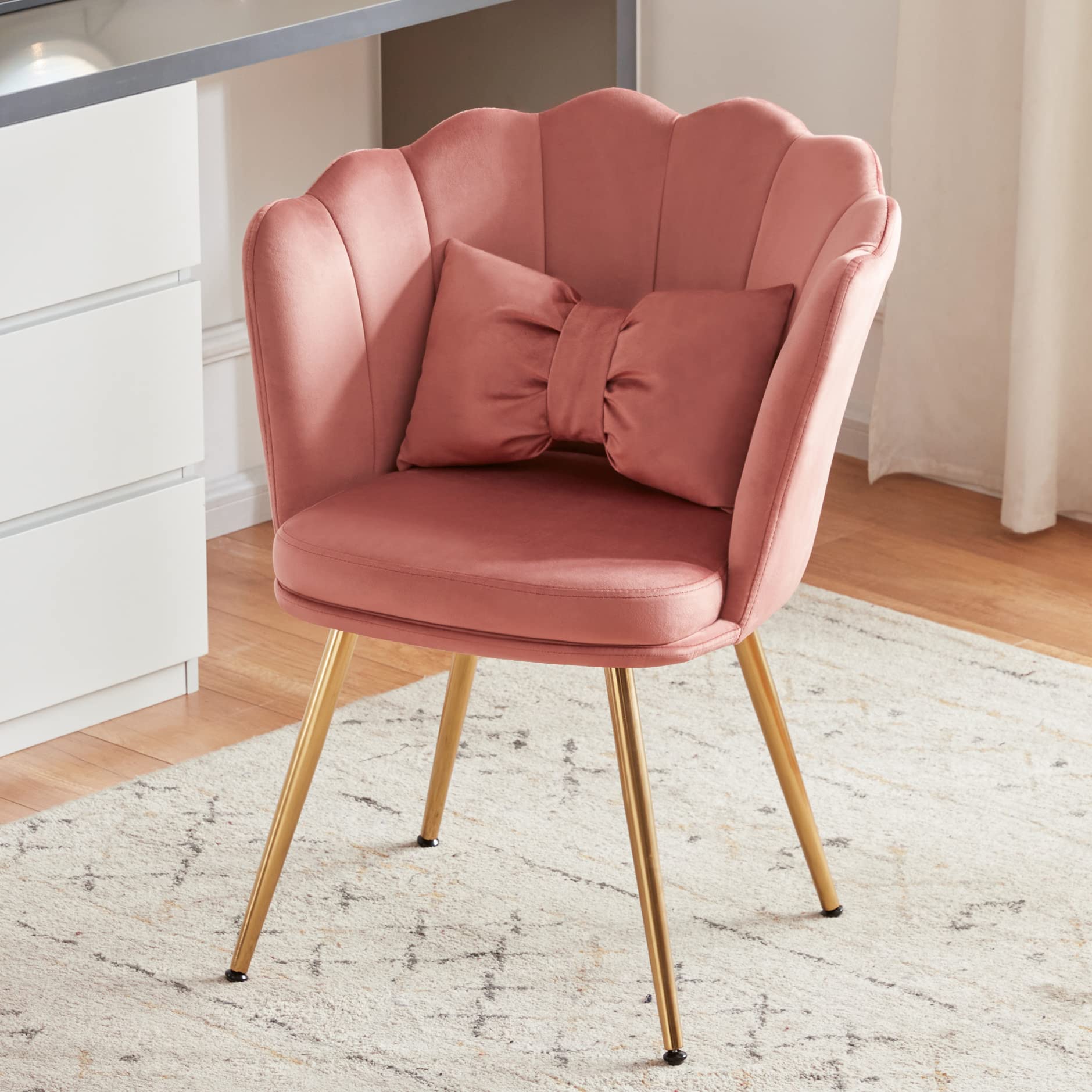 Tbfit Velvet Vanity Chair for Makeup Room, Makeup Chair with Shell Back for Bedroom, Accent Chairs for Living Room with Golden Metal Legs, Pink