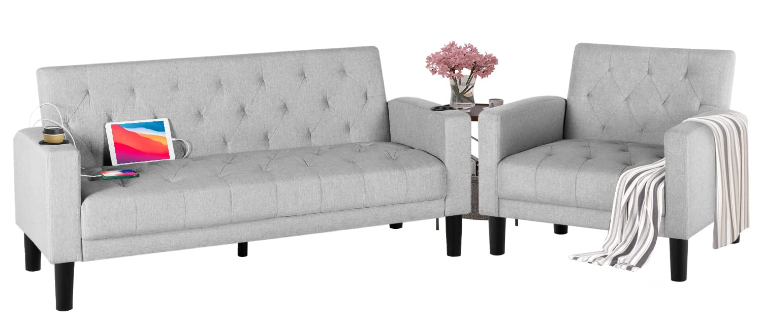 TYBOATLE Mid-Century Modern Living Room Sectional Sofa Sets 2 Pieces, Tufted Linen Fabric USB Loveseat Couch w/ 2 Cupholders and Accent Armchairs for Living Room, Bedroom, Apartment (Light Grey)
