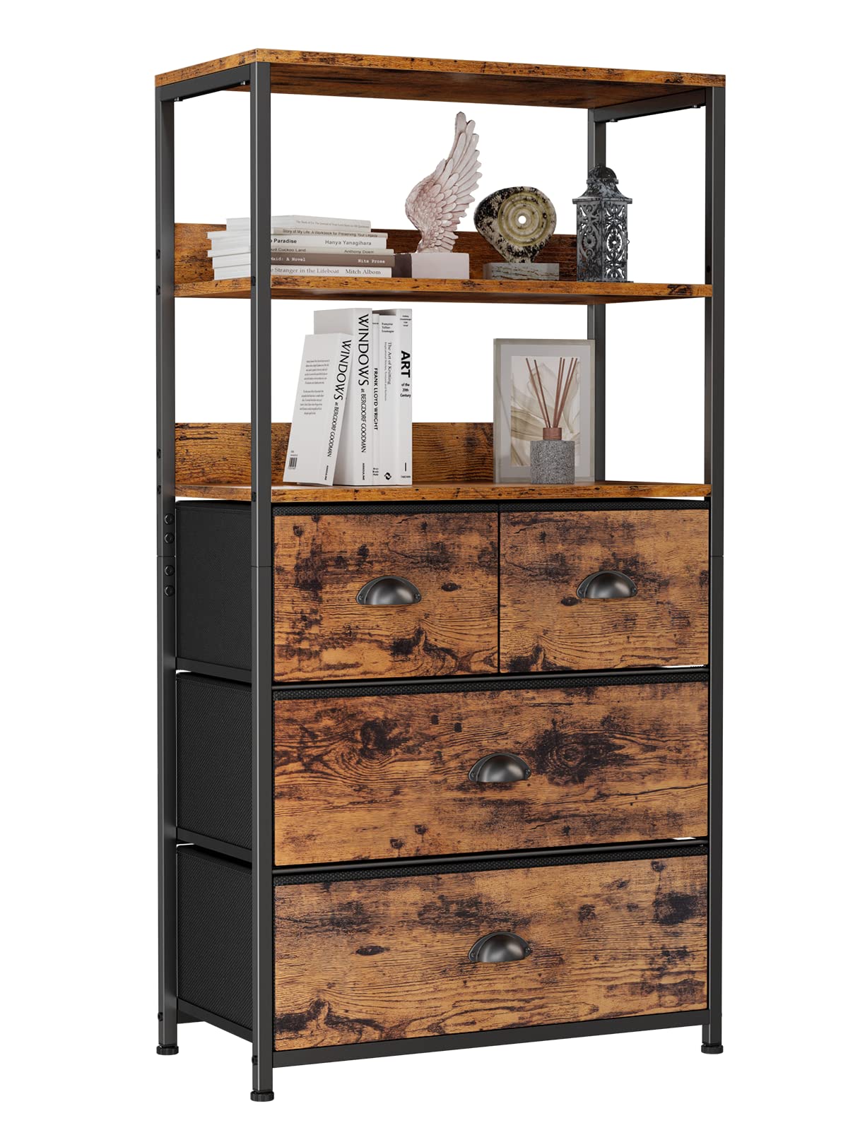 Furologee Vertical 4 Drawer Dresser Organizer with 3-tiers wood Shelf,Tall Fabric Storage Tower Unit, Sturdy Metal Frame Furniture,Removable Brown Fabric Bins for bedroom,entryway,office