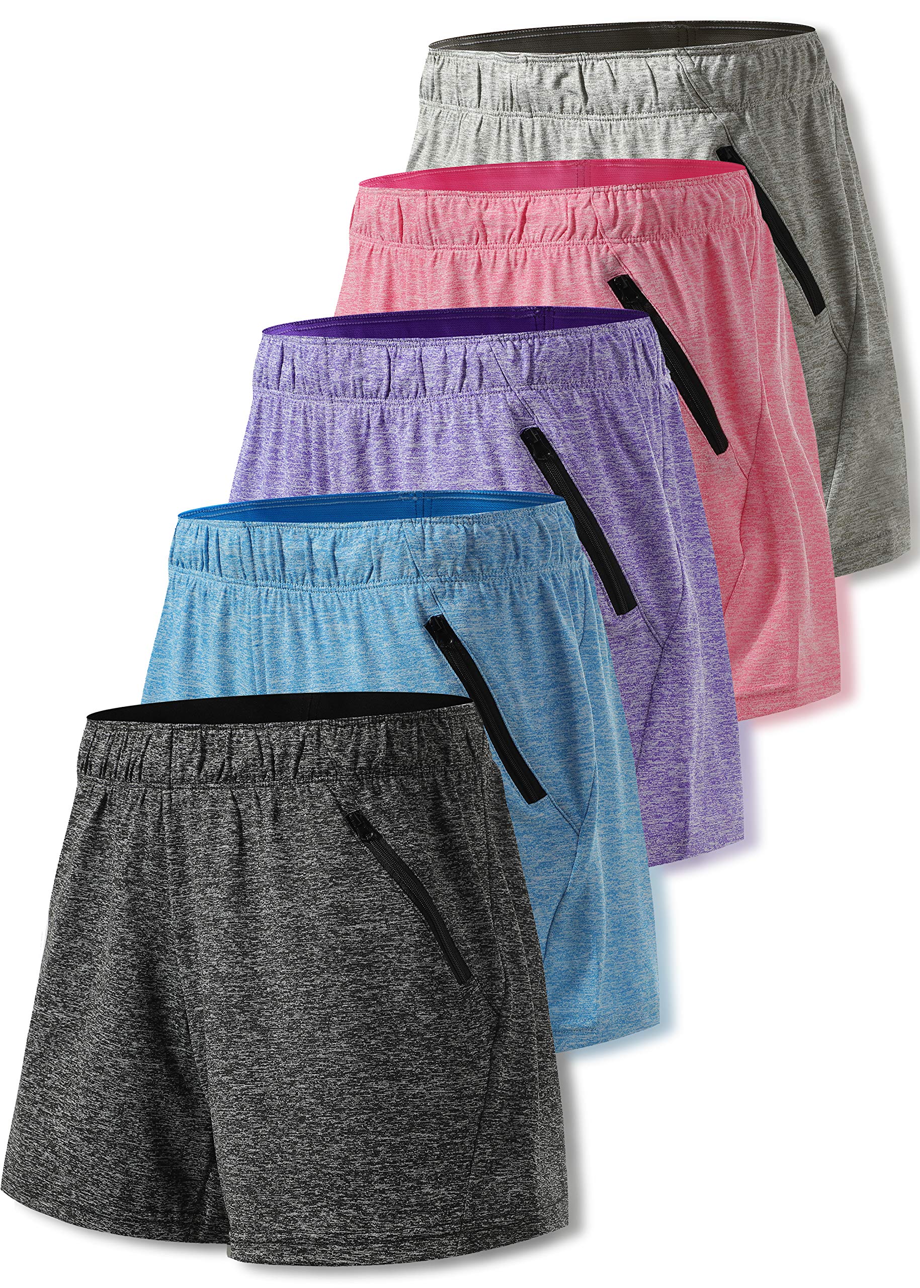 5 Pack: Womens Workout Gym Shorts Casual Lounge Set, Ladies Active Athletic Apparel with Zipper Pockets