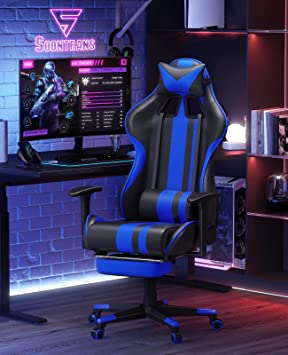          Soontrans Blue Gaming Chair with Footrest, Leather Ergonomic Gaming Chairs for Adults with Massage Lumbar Support & Headrest for Office Work, Height Adjustable Gamer Chair, Comfortable Comput
