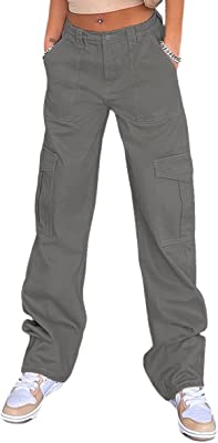 High Waist Stretch Cargo Pants Women Baggy, Multiple Pockets Relaxed Fit Straight Wide Leg Y2K Pants