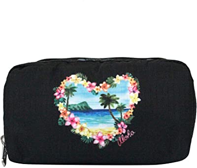 Makana HAWAII EXCLUSIVE Rectangular Cosmetic Bag/Pouch Style 6511/Color K835, Placement Print - Vibrant Tropical Lei Flowers & Palm Trees, Aloha Printed Front & Back