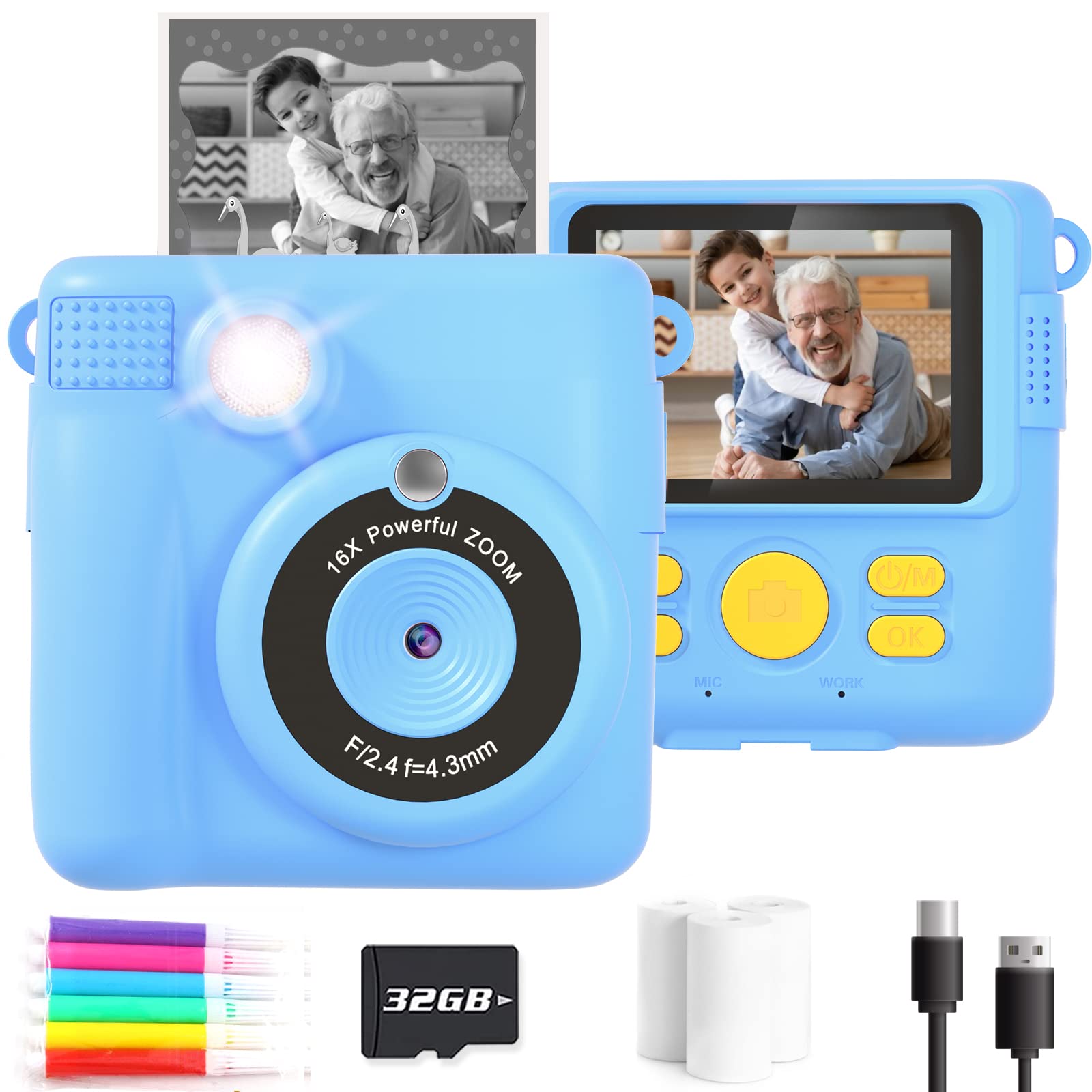 Anchioo Instant Print Camera Toys for Toddlers Age 3-8,Boys and Girls Birthday Gifts with 1080P HD Video Recording,Kids Selfie Digital Camera Electronic Travel Game with Photo Paper 6 Color Pens,Blue