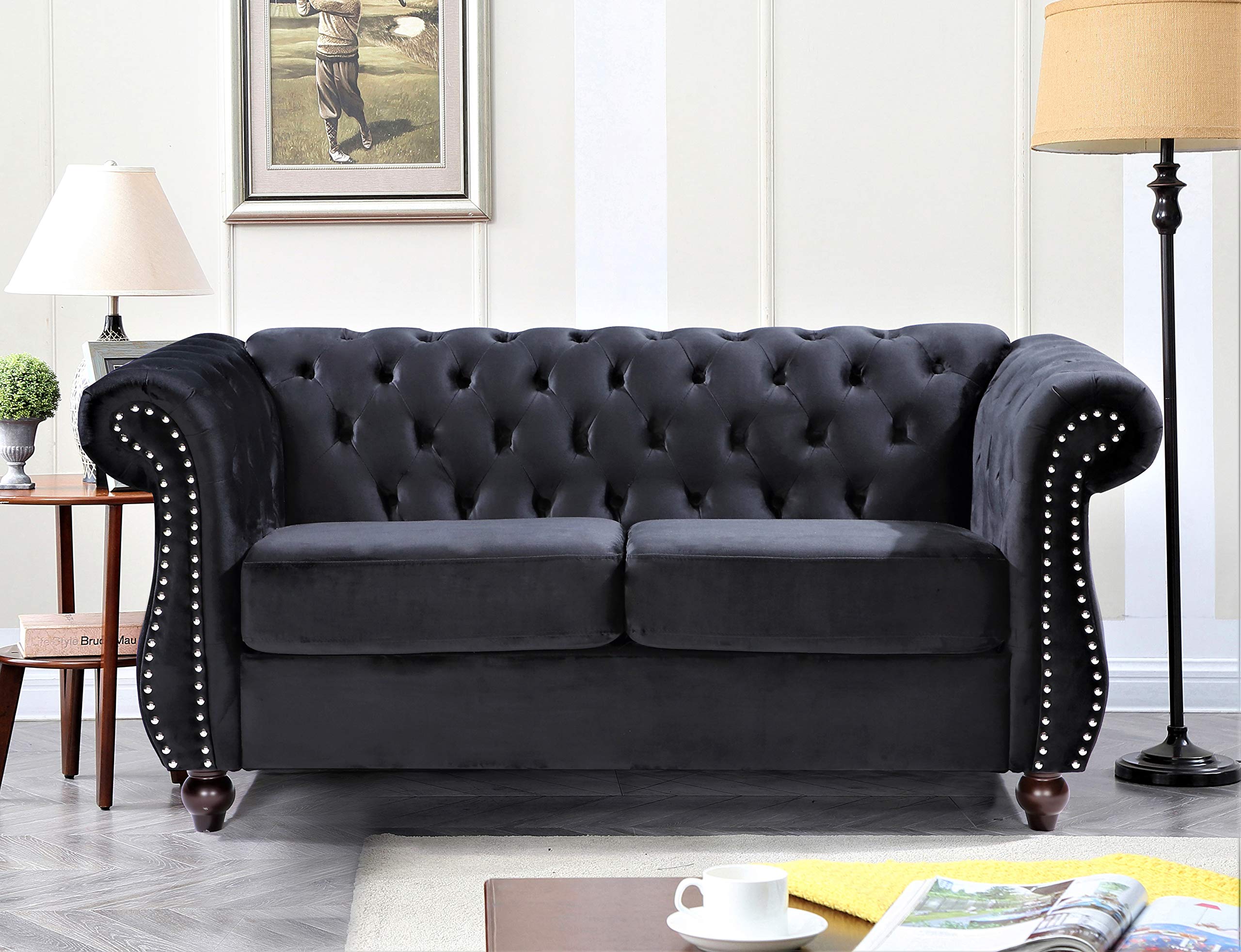 Container Furniture Direct Feinstein Modern Velvet Upholstered Living Room Chesterfield with Gleaming Nailheads, Loveseat & Sofa, Midnight Black