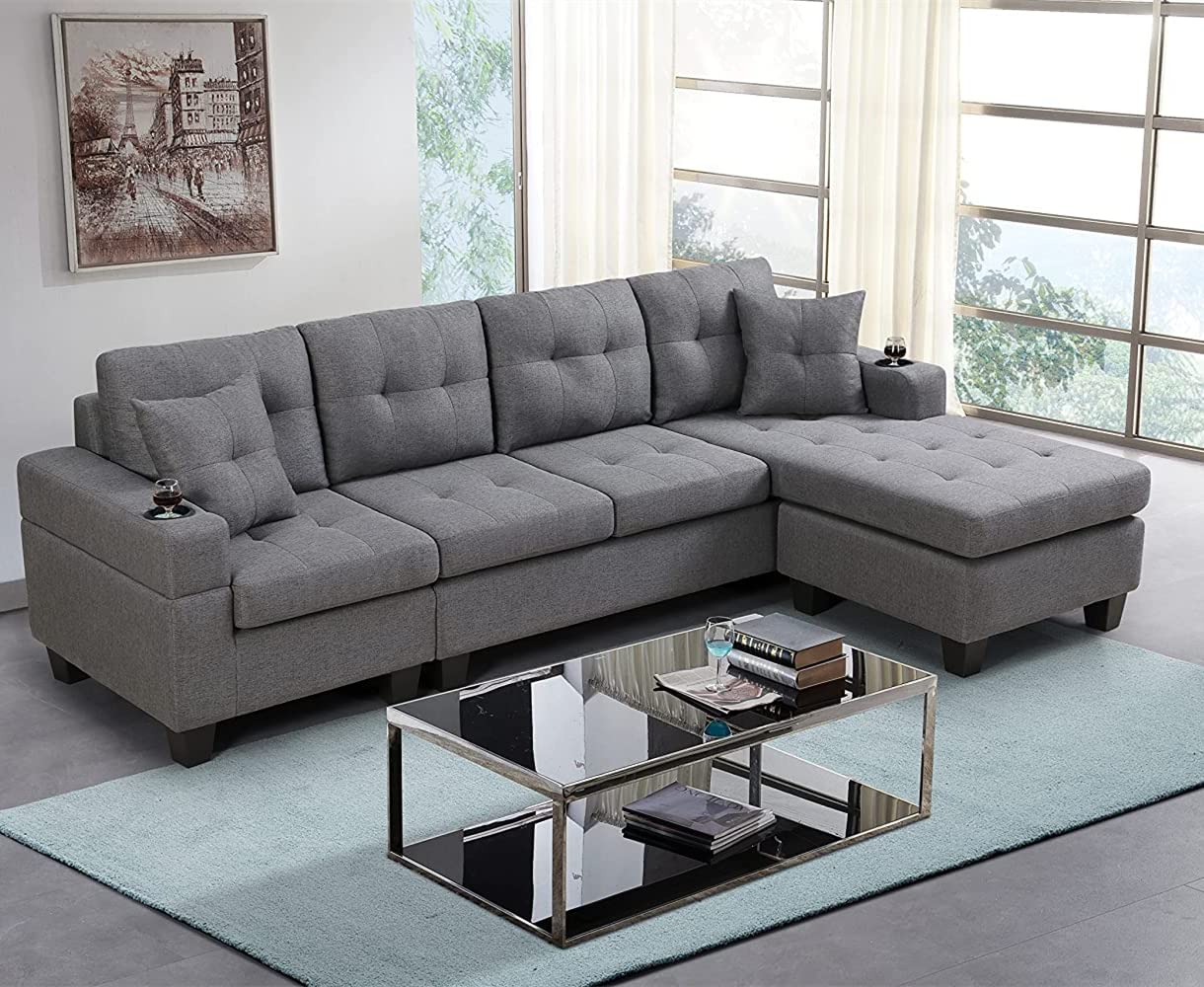 EMKK Modern Sectional Sofa Set with 2 Pillows Left Chaise Lounge Upholstered Corner L Shaped Sofá Living Room Couch w/Cup Holder, Arm Nail for Home/Office, Black Leftchaise