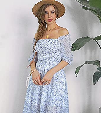          Vaiaye Women's 2023 Spring Summer Floral Smocked Midi Dress Square Neck Casual Boho Long Flowy Tiered Beach Sun Dresses        