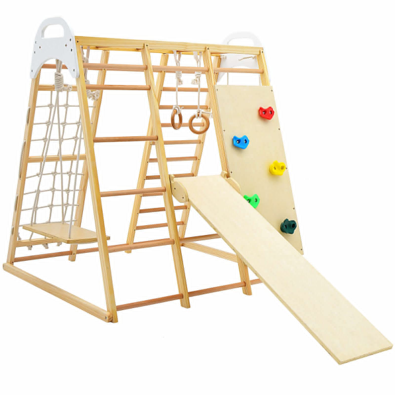 Costzon 8-in-1 Climbing Toys for Toddlers,Kids Indoor Playground Jungle Gym with Slide, Climbing Rock/Net, Monkey Bars, Rope Ladder and Swing, Wooden Indoor Playground for Toddlers Gifts Presents