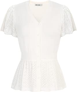 Women V-Neck Button Sweater Tops Ruffle Short Sleeve Lightweight Business Casual Shirt Trendy Summer Tops