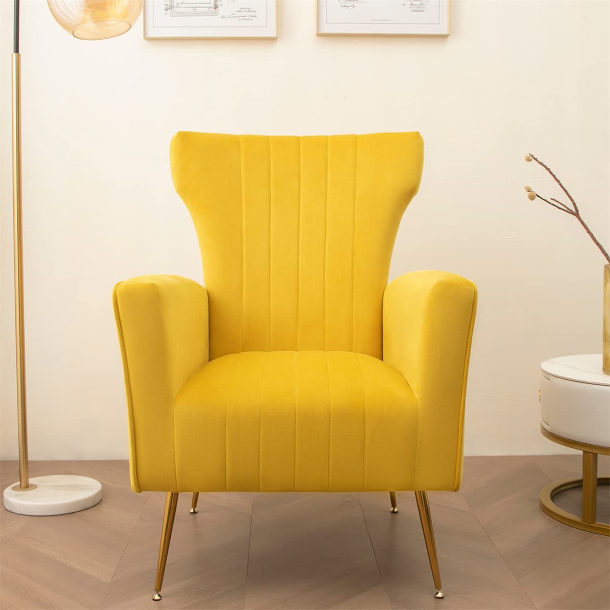 Modern Velvet Accent Chair, Wingback Arm Chair with Gold Metal Legs, Upholstered Single Sofa Chair with Tufted Back, Leisure Armchair Lounge Chair Reading Chair for Living Room Bedroom, Yellow