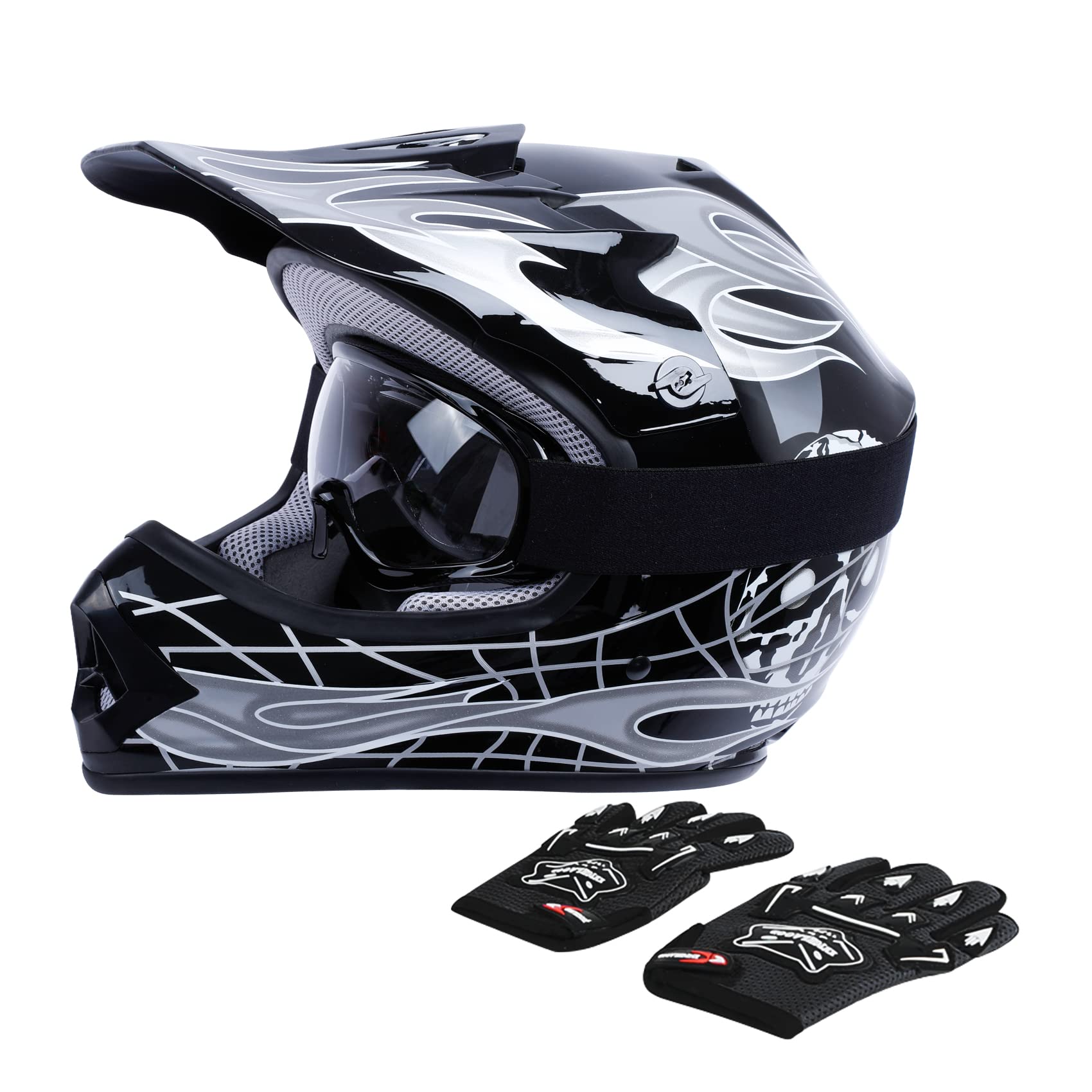 TCT-MOTORPARTS Skull Helmet w/Goggles+Gloves DOT Youth Kids Helmet Safty Motocross ATV Dirt Bike Helmets X-Large