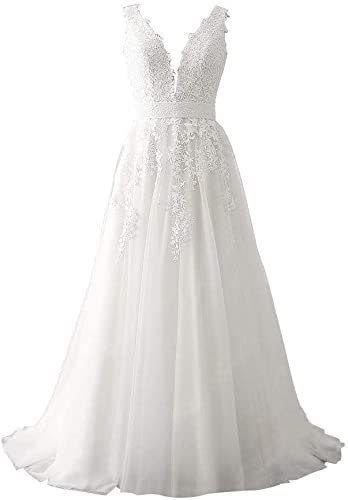 Women's Wedding Dress for Bride Lace Applique Evening Dress V Neck Straps Ball Gowns
