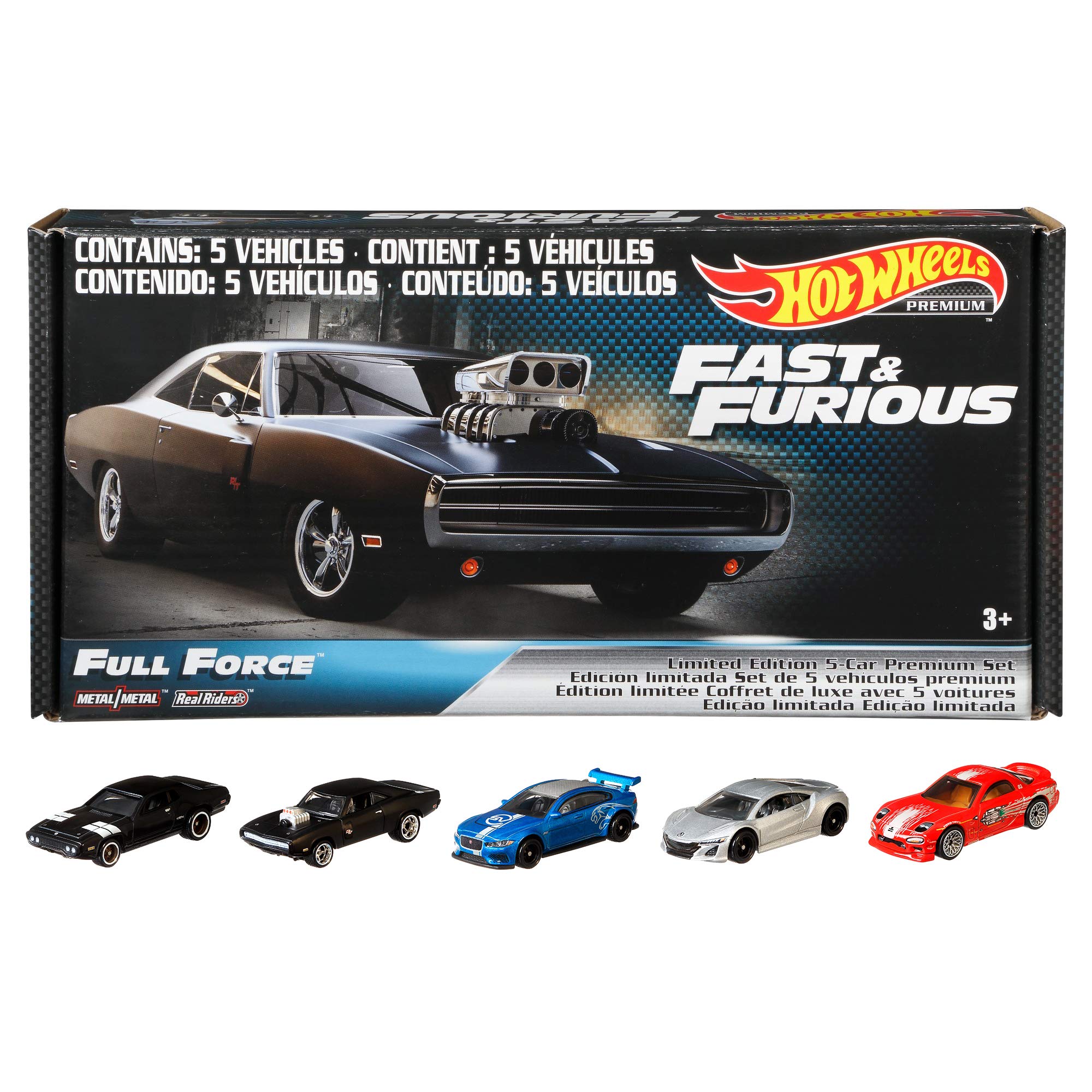 ​Hot Wheels Fast & Furious: Full Force Re-Release 5 Premium All-Metal Castings Real Riders Wheels In Original Packaging In One Exclusive Bundle Box [Amazon Exclusive]