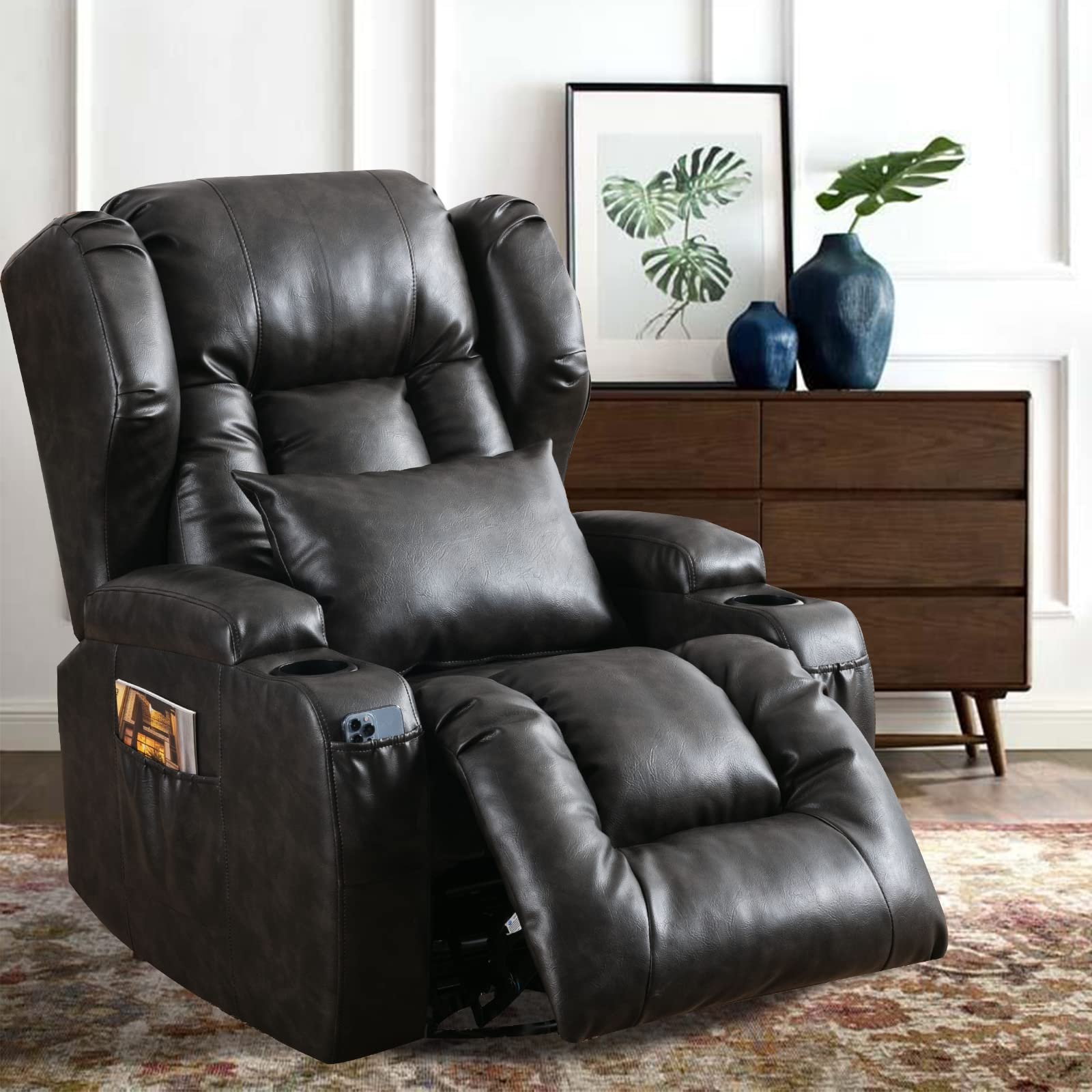 ETAGERIA Swivel Rocker Recliner Nursery Rocking Chairs 360 Degree, Manual Glider Recliner Chairs for Living Room,Upholstered Swivel Single Sofa Seat with Cup Holders, Side Pockets, Pillow, Leather