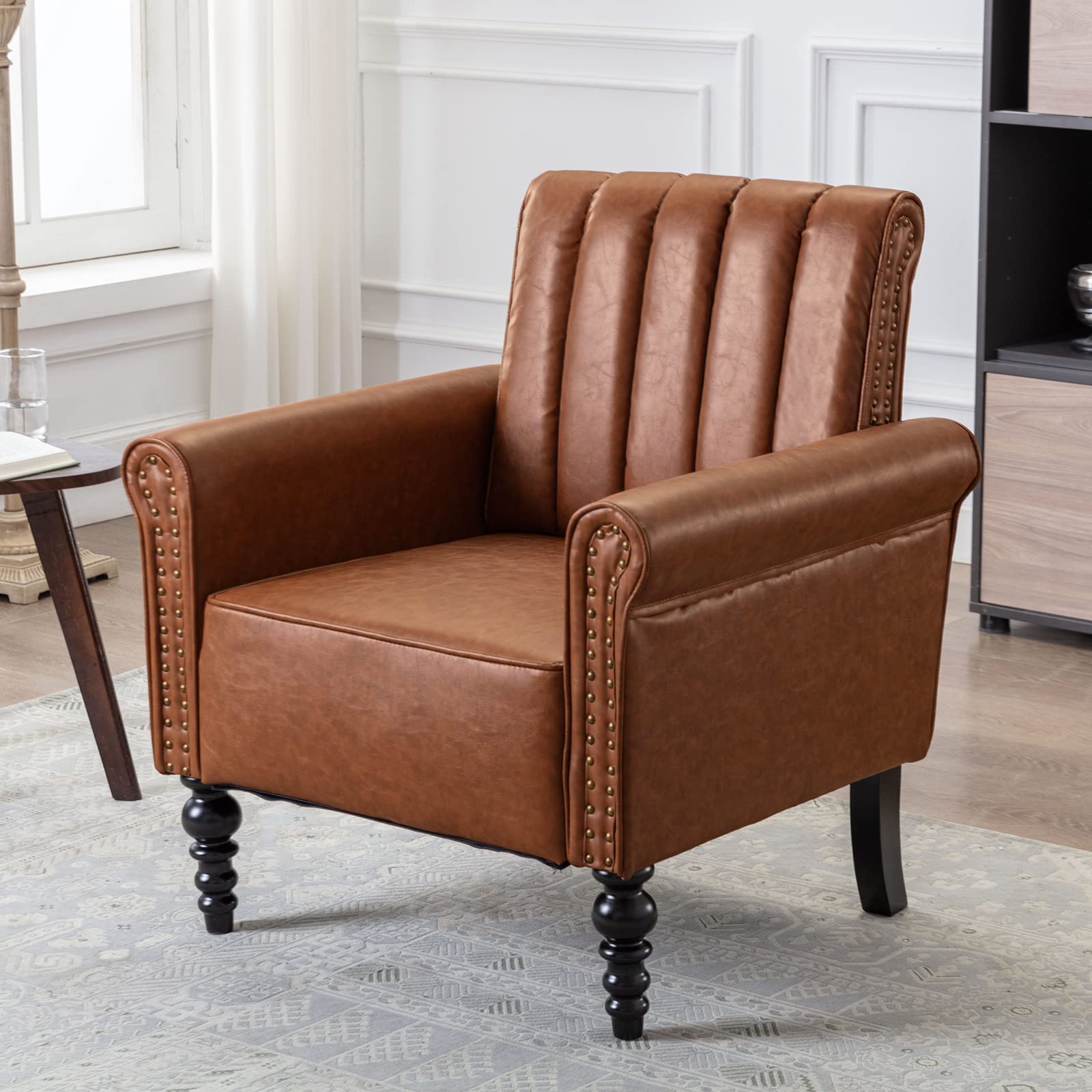 TTGIEET PU Leather Accent Chair with Arms for Living Room, Modern Upholstered Armchair with Solid Wood Legs for Single Sofa Reading Club Chair Living Room, Bedroom, Office(Brown)