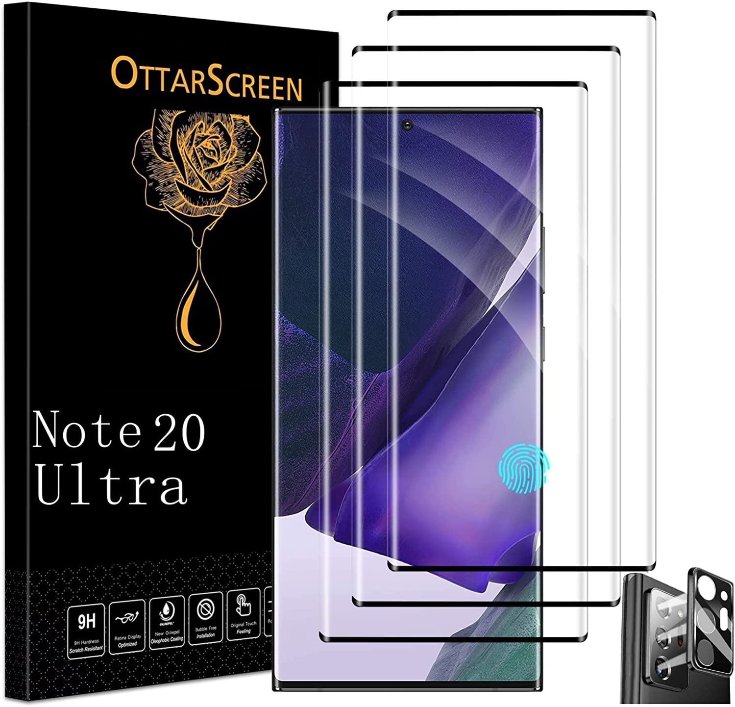         OttarScreen Galaxy Note 20 Ultra Screen Protector, 3 Pack Tempered Glass Screen Protector【3+1 Pack】With 1 Pack Tempered Glass Camera Lens Protector [3D Glass] 9H Hardness Tempered Glass Screen