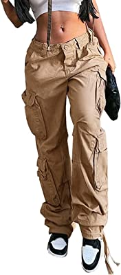 Women's Y2K High Rise Baggy Straight Leg Cargo Pants Streetwear Casual Boyfriend Trousers with Pockets