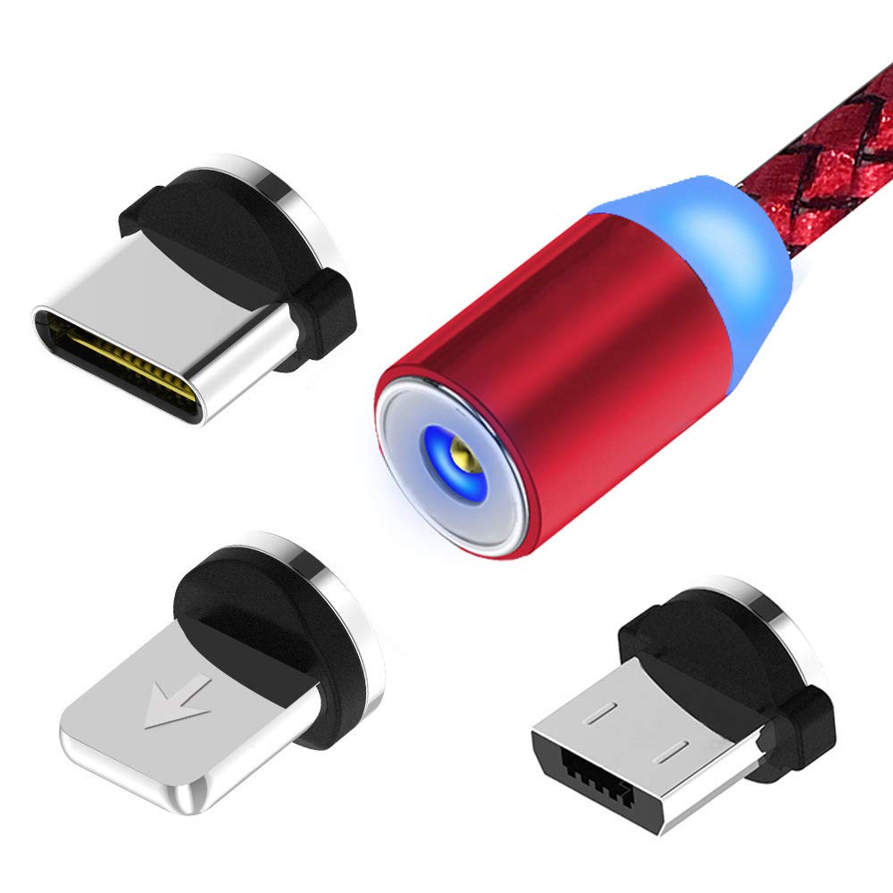 Charging Cable, Fanshu Micro USB Type C Lighting Phone Fast Charge Cable 3 in 1 Magnetic Adapter 3.2 ft. 1 Meter Cord with LED Indicator for iOS XR XS MAX X 8 7 6S Plus Android Samsung (Red)