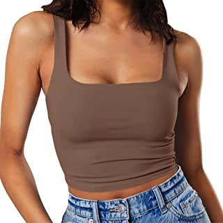 Women's Sleeveless Strappy Tank Square Neck Double Layer Workout Fitness Casual Basic Crop Tops